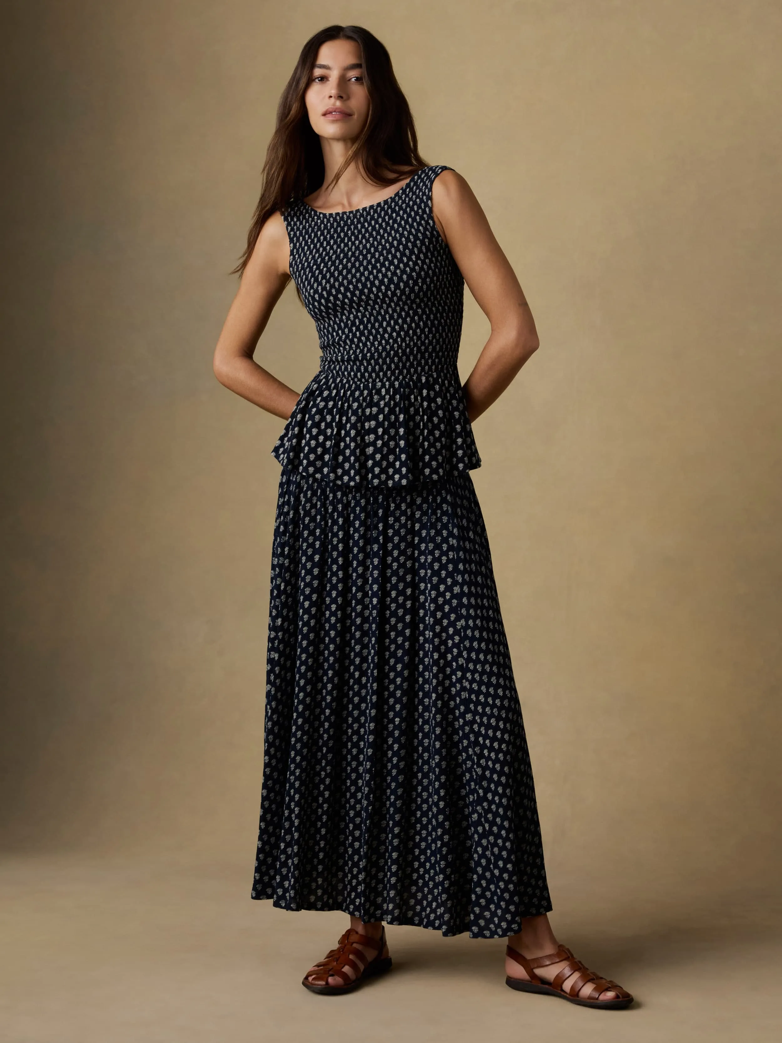 Sophia Smocked Skirt - Navy Lotus Floral sold by Faherty product image thumbnail 4
