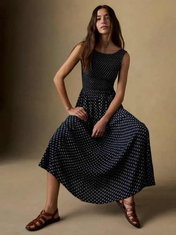 Sophia Smocked Skirt - Navy Lotus Floral sold by Faherty