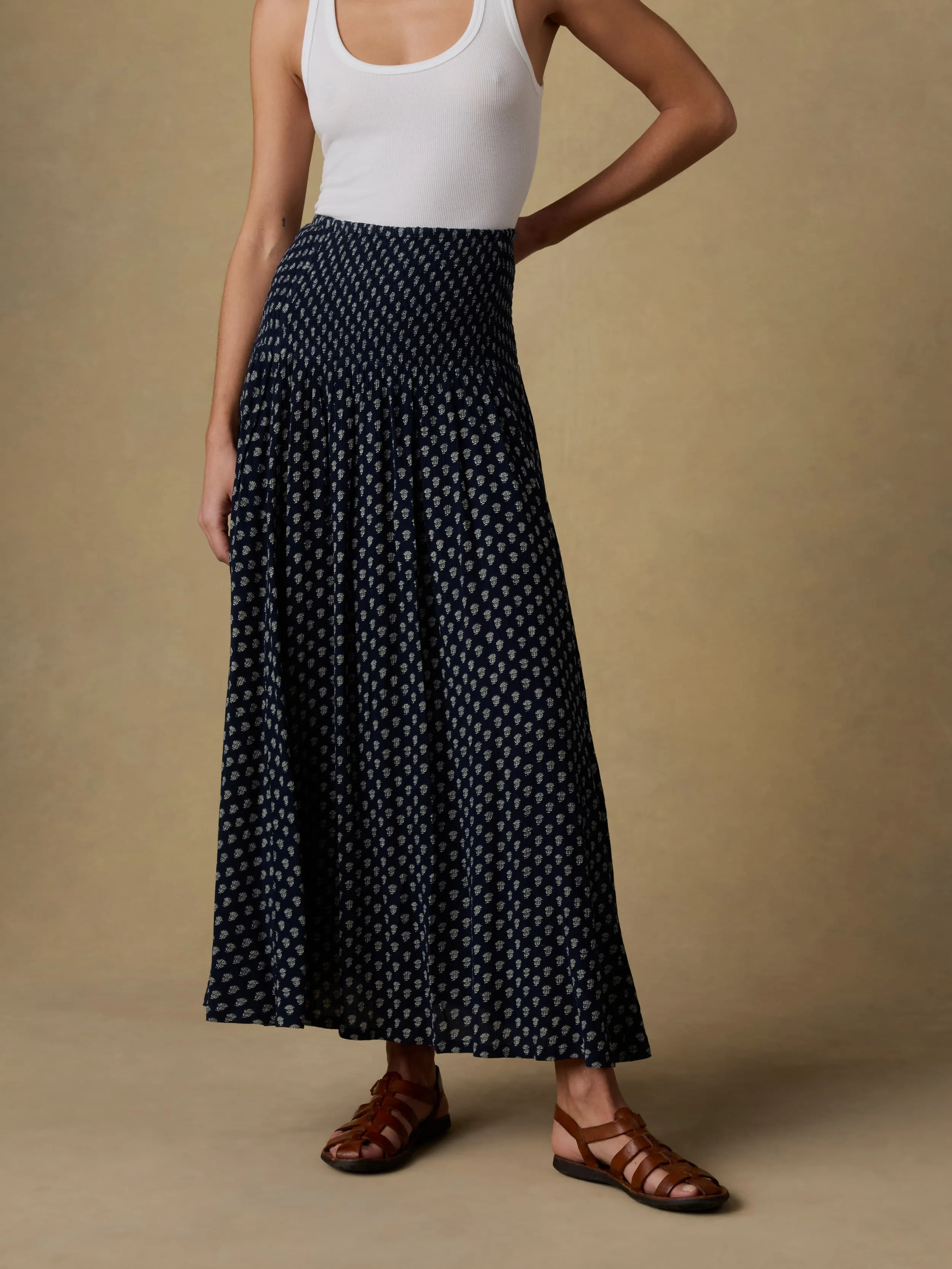 Sophia Smocked Skirt - Navy Lotus Floral sold by Faherty product image thumbnail 2