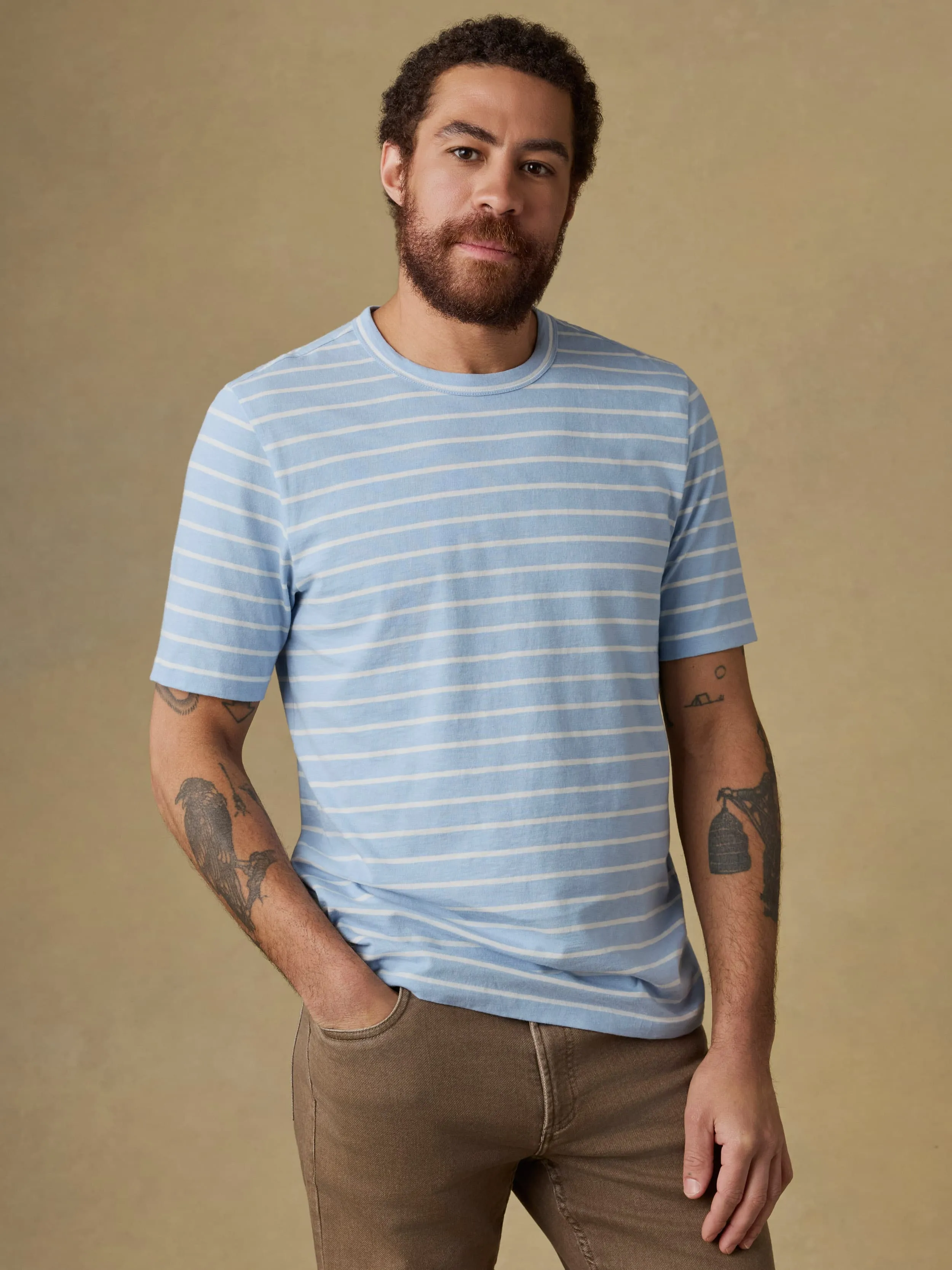 Sunwashed Regenerative Tee - Bermuda Sail Stripe sold by Faherty