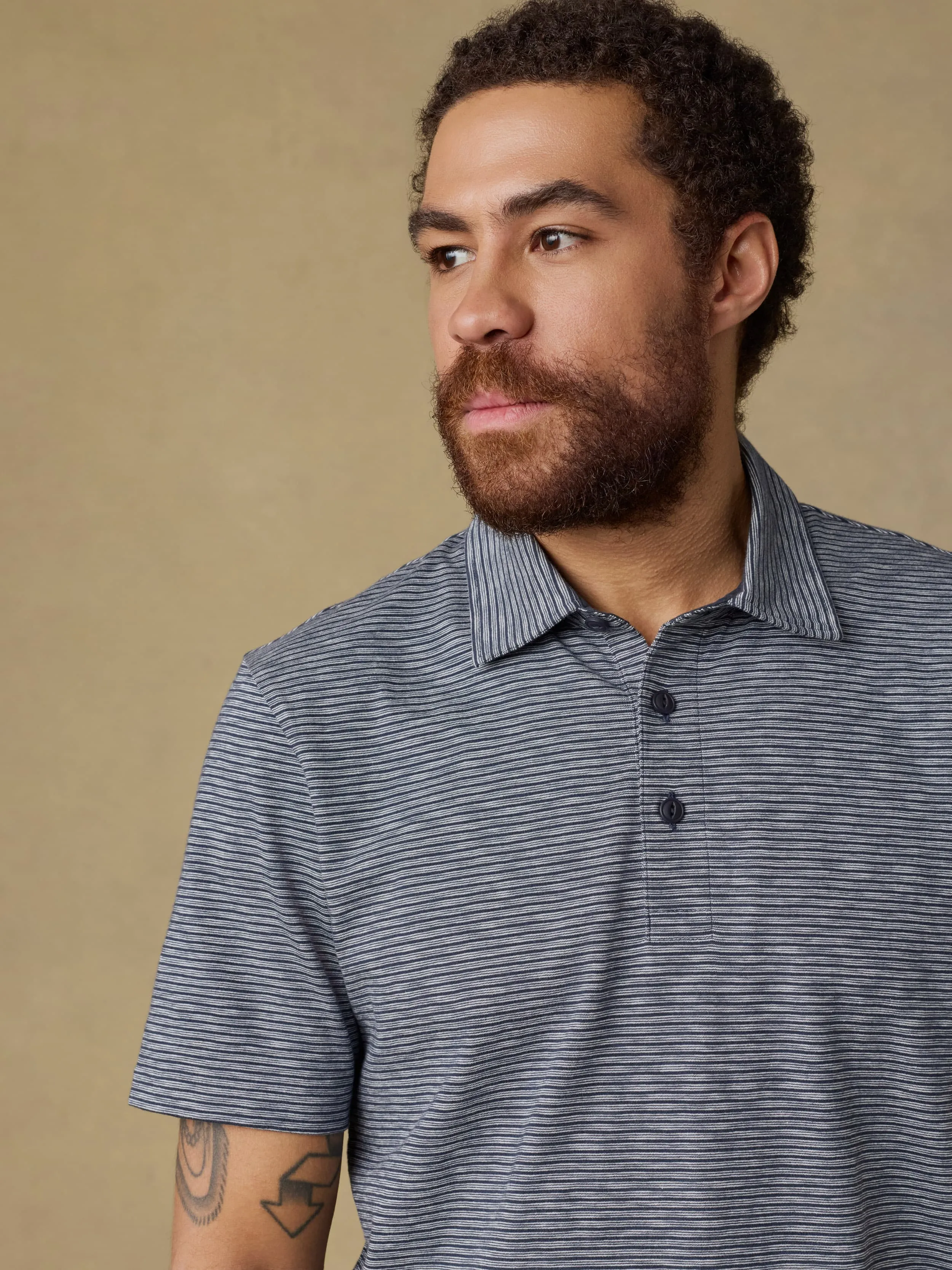 Sunwashed Regenerative T-Shirt Polo - Dune Stripe Navy sold by Faherty product image thumbnail 4