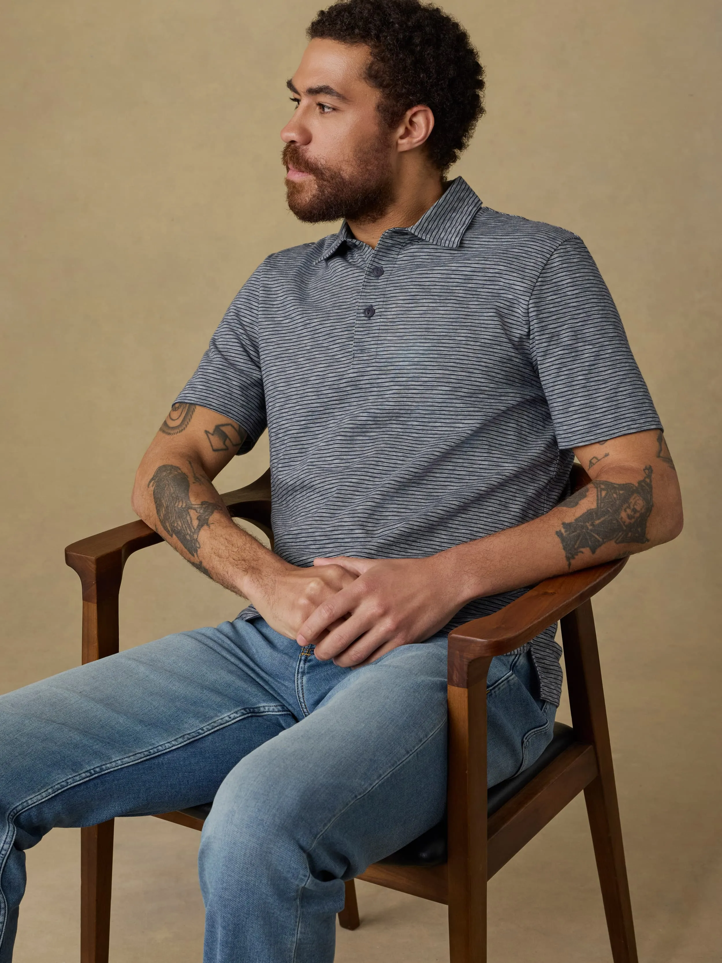 Sunwashed Regenerative T-Shirt Polo - Dune Stripe Navy sold by Faherty product image thumbnail 2