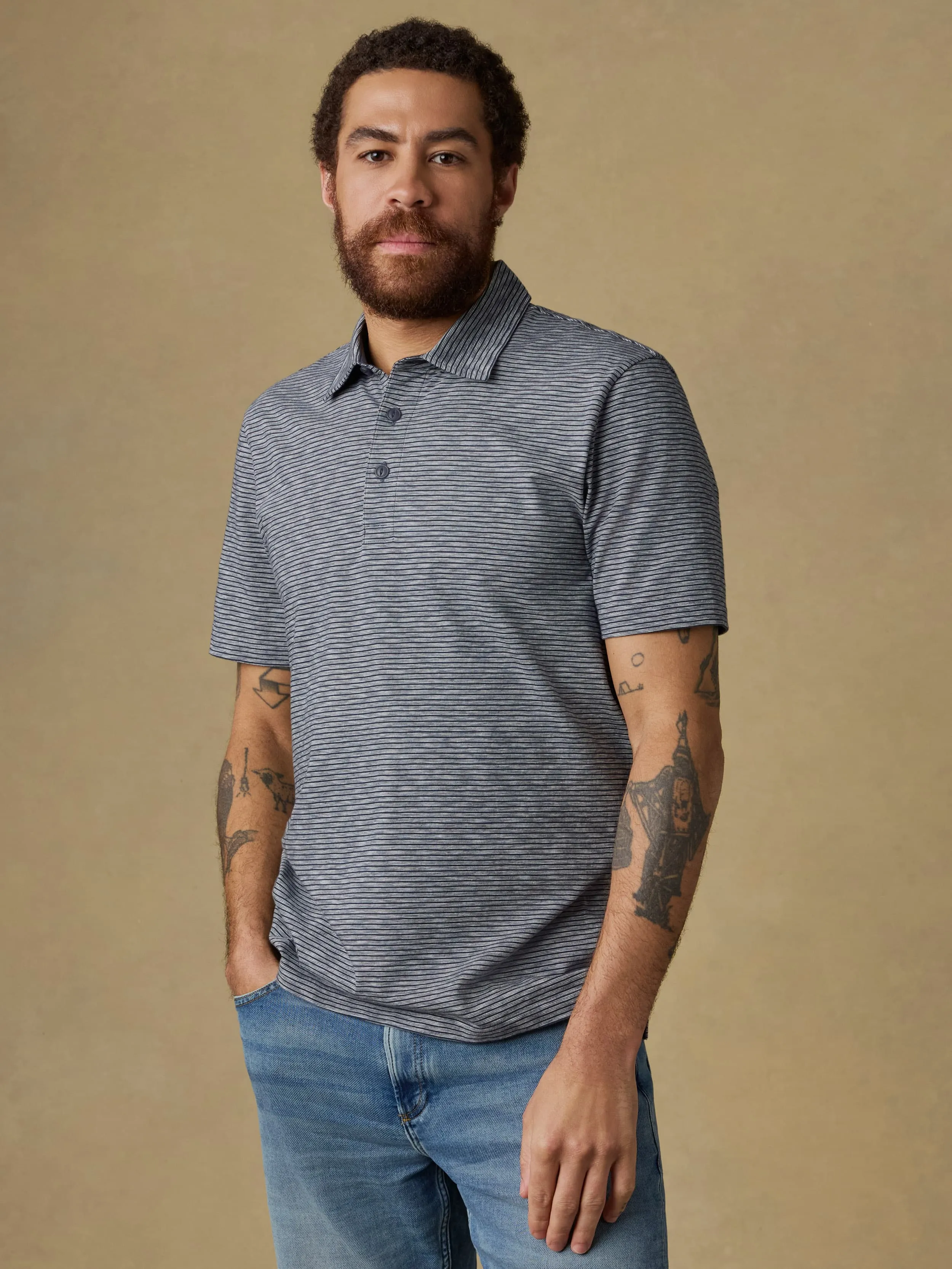 Sunwashed Regenerative T-Shirt Polo - Dune Stripe Navy sold by Faherty
