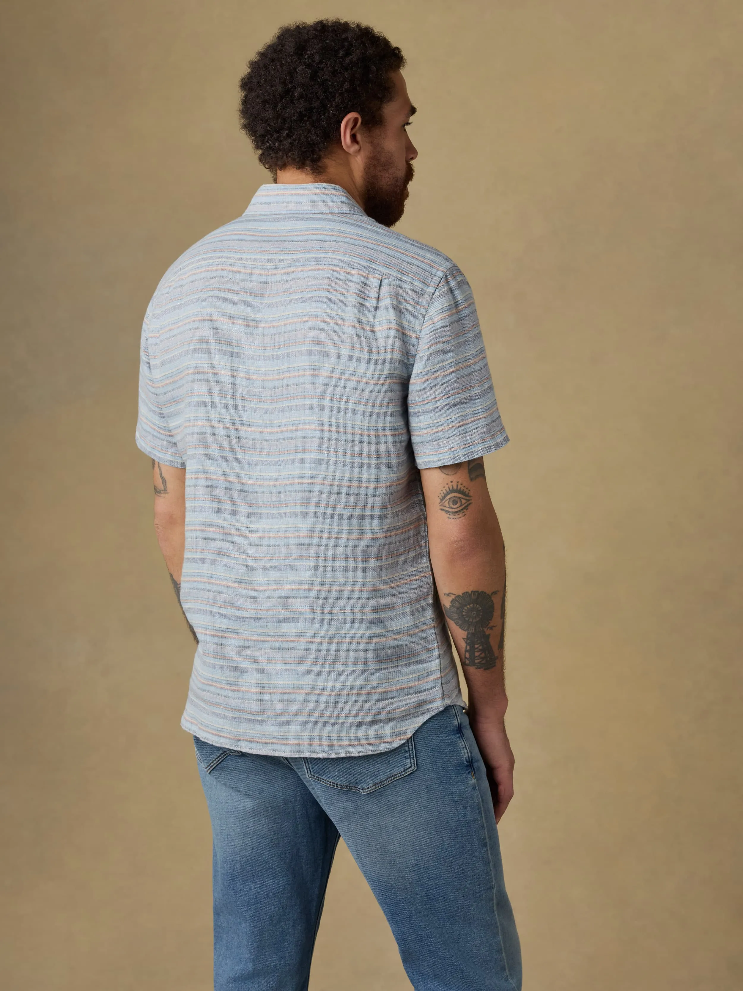 Short-Sleeve Palma Linen Shirt - Blue Gulf Stripe sold by Faherty product image thumbnail 3