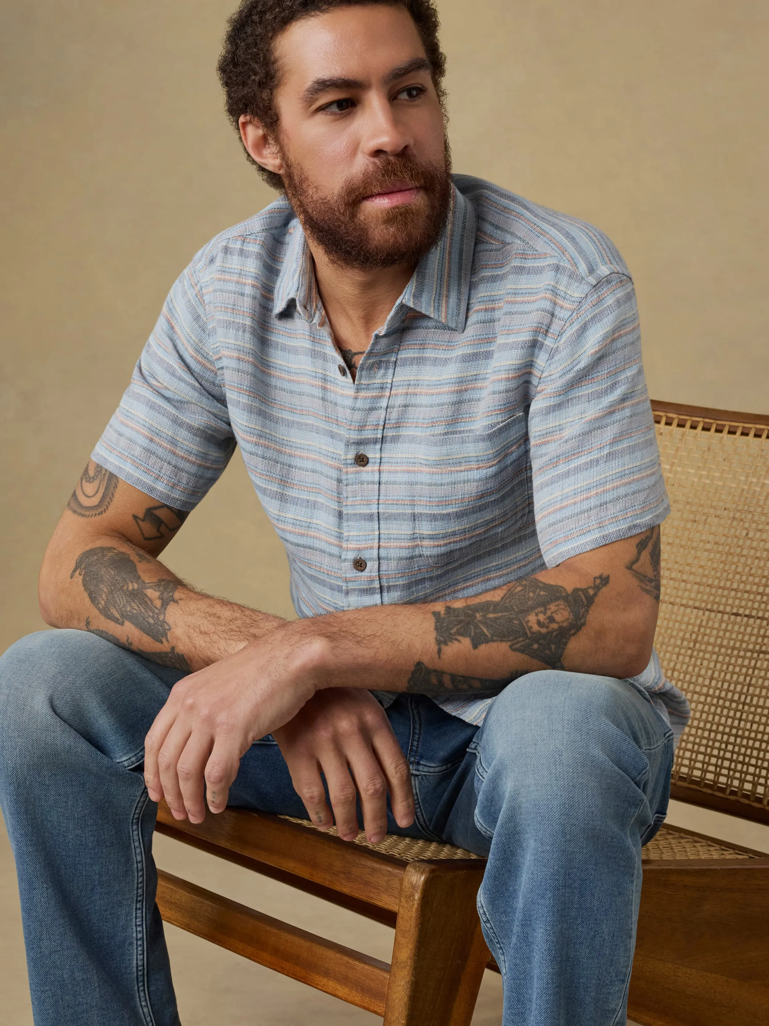Short-Sleeve Palma Linen Shirt - Blue Gulf Stripe sold by Faherty
