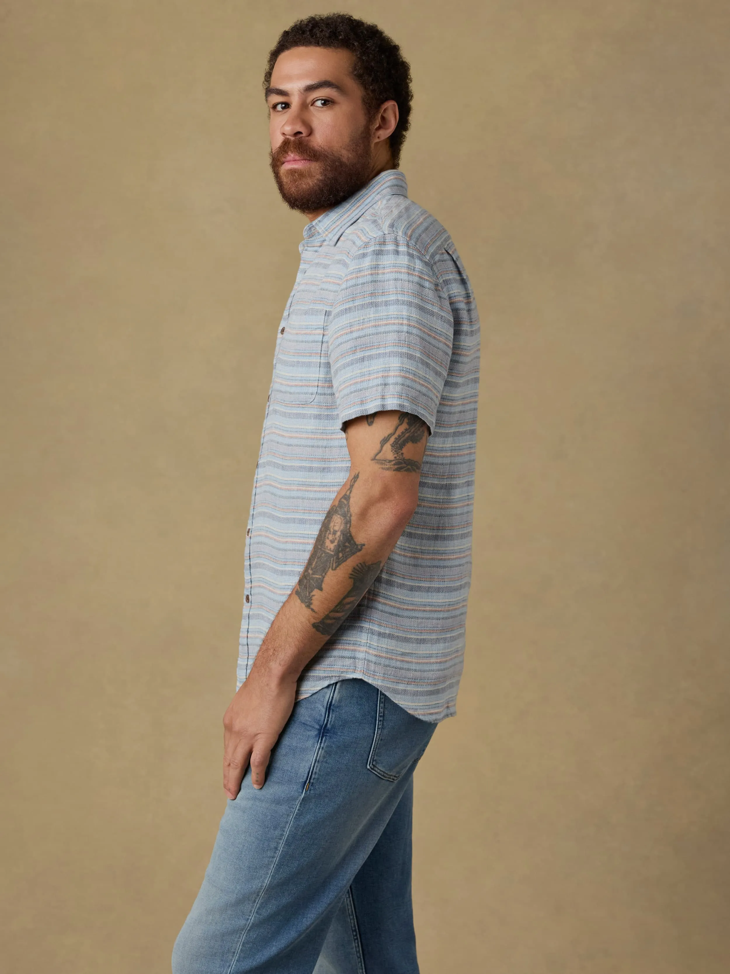 Short-Sleeve Palma Linen Shirt - Blue Gulf Stripe sold by Faherty product image thumbnail 4