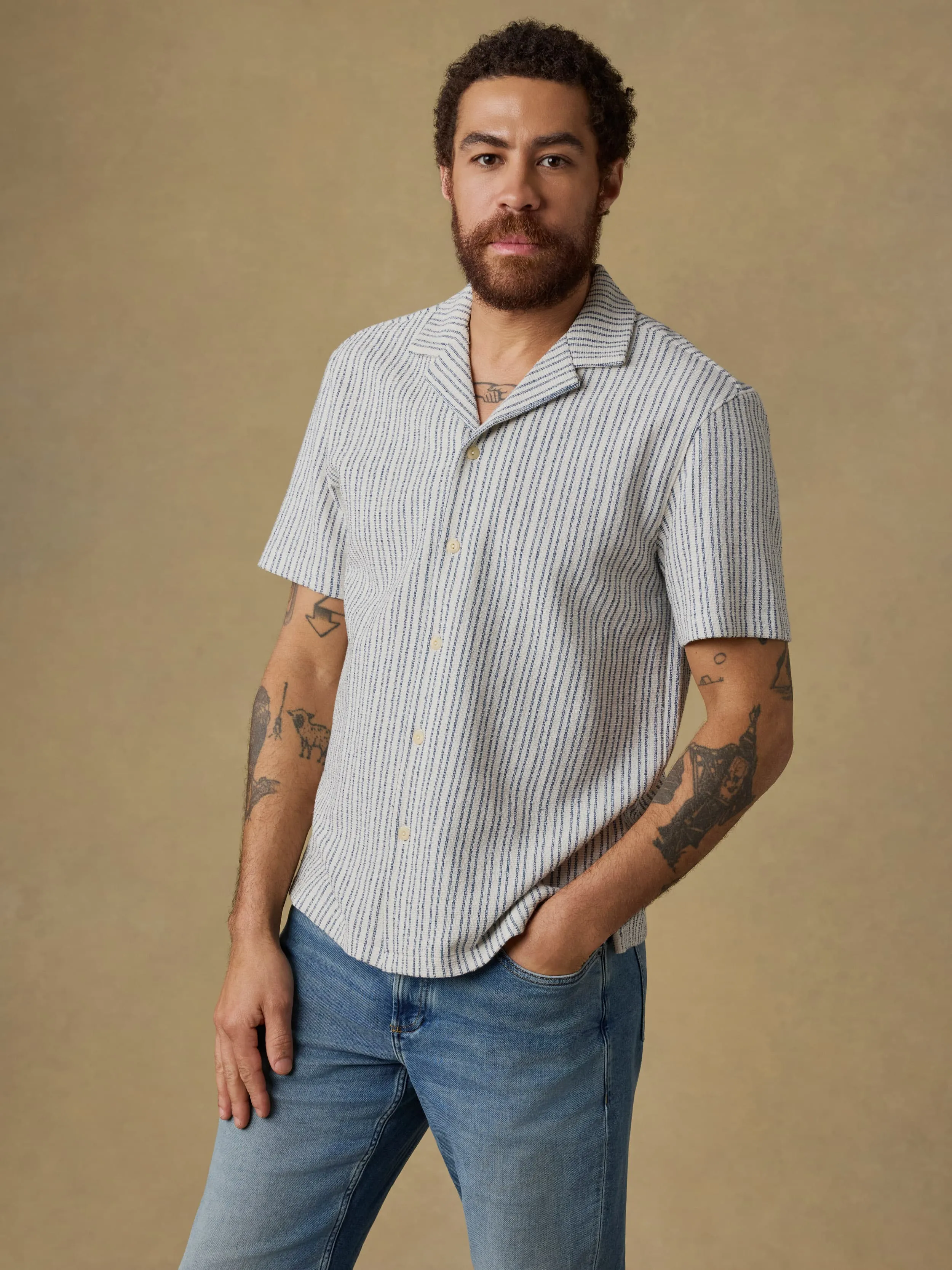 Short-Sleeve Oasis Camp Shirt - Shore Navy Stripe sold by Faherty