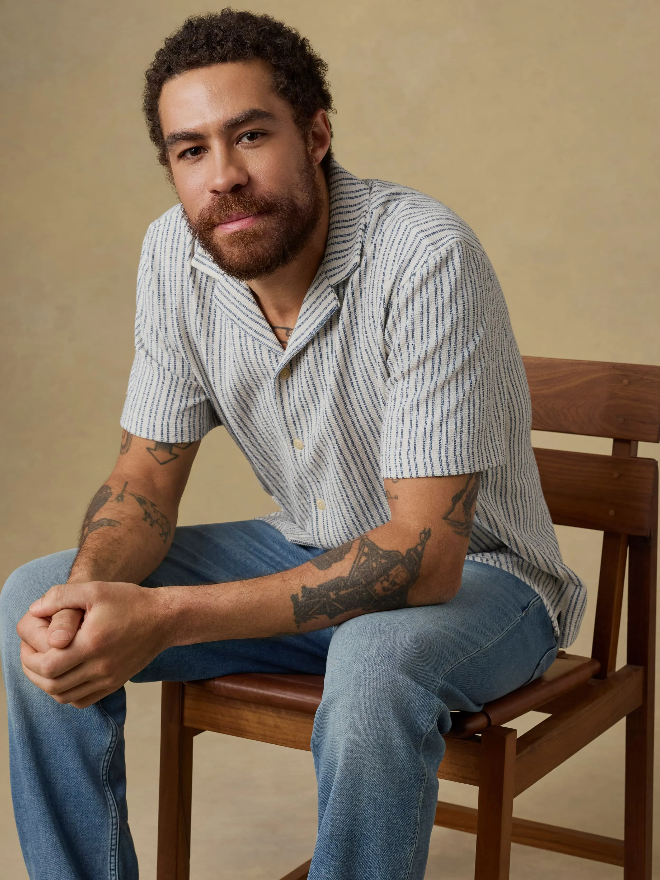 Short-Sleeve Oasis Camp Shirt - Shore Navy Stripe sold by Faherty product image thumbnail 2