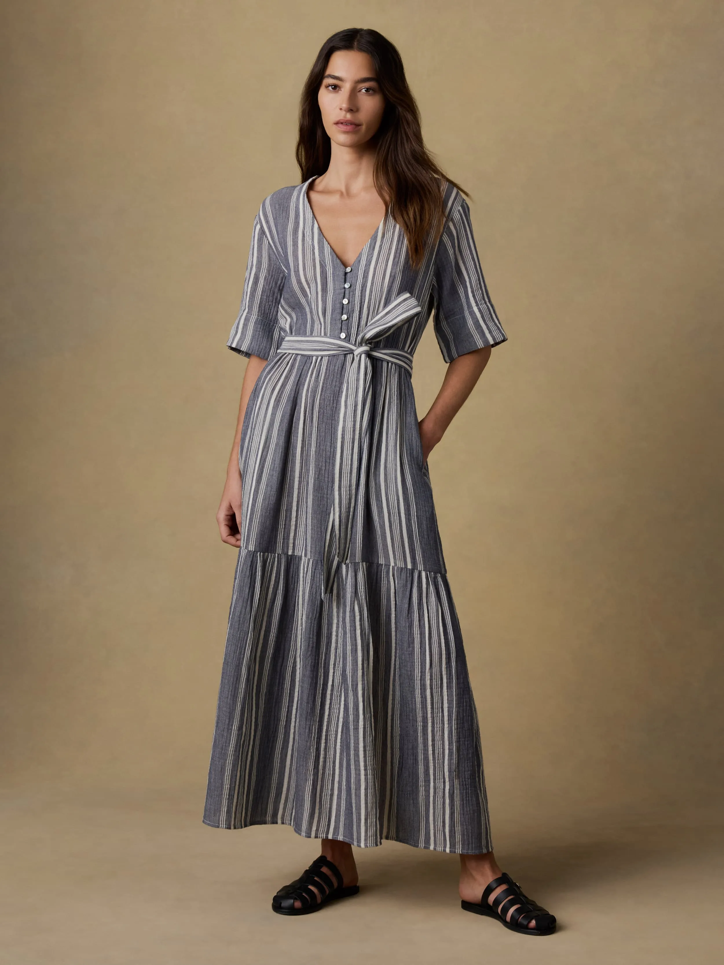 Dune Cotton Gauze Marina Dress - Sea Breeze Stripe sold by Faherty