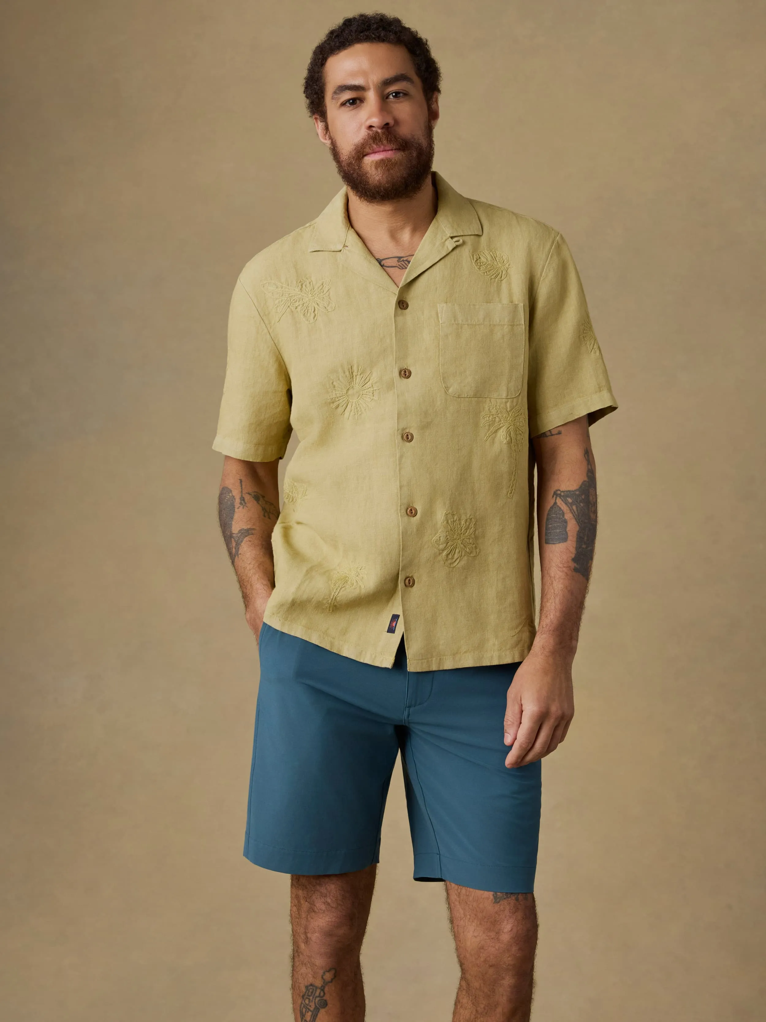 Short-Sleeve Embroidered Shirt - Island Wheat sold by Faherty
