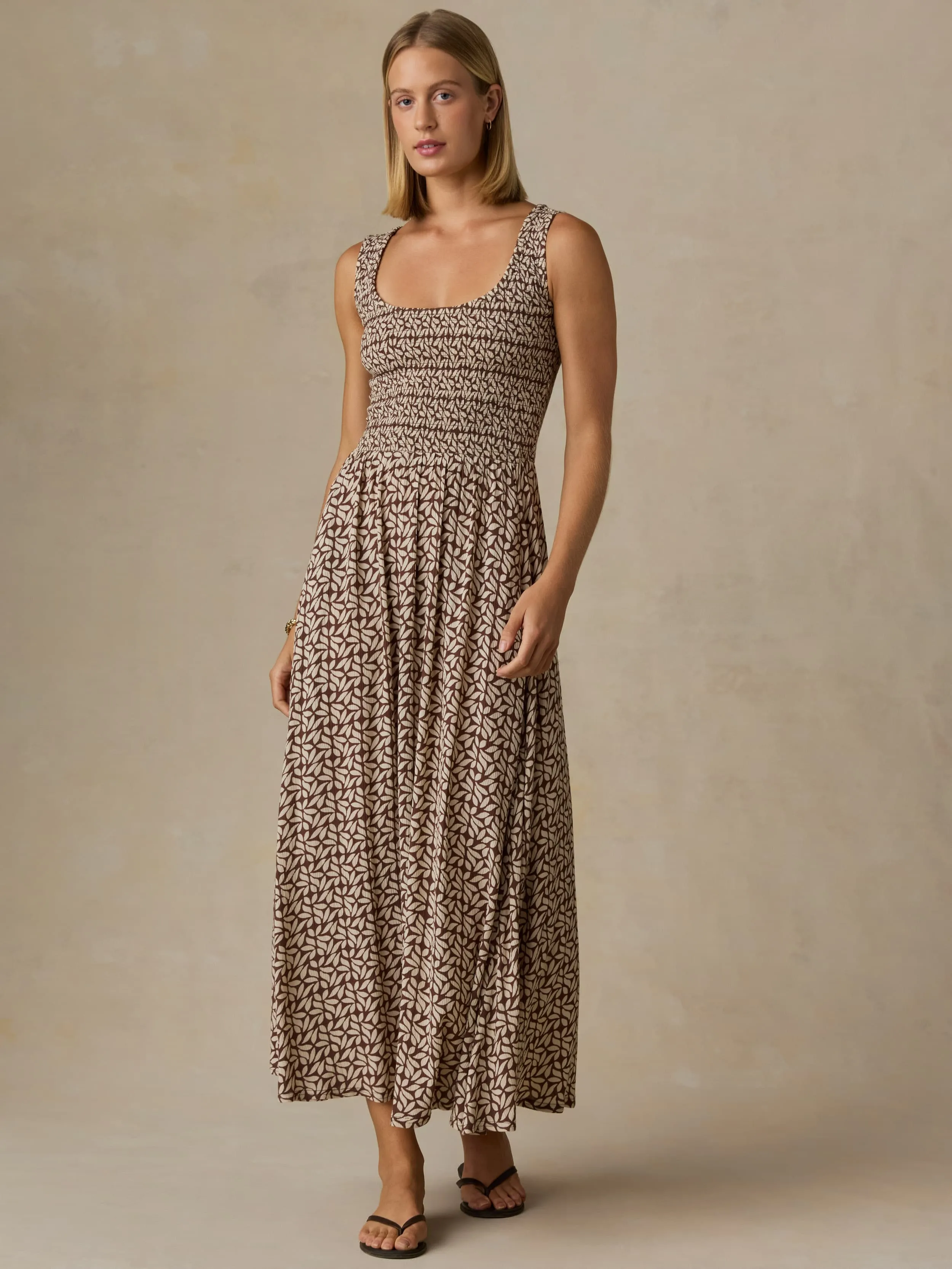 Sophia Smocked Dress - Chocolate Petal sold by Faherty