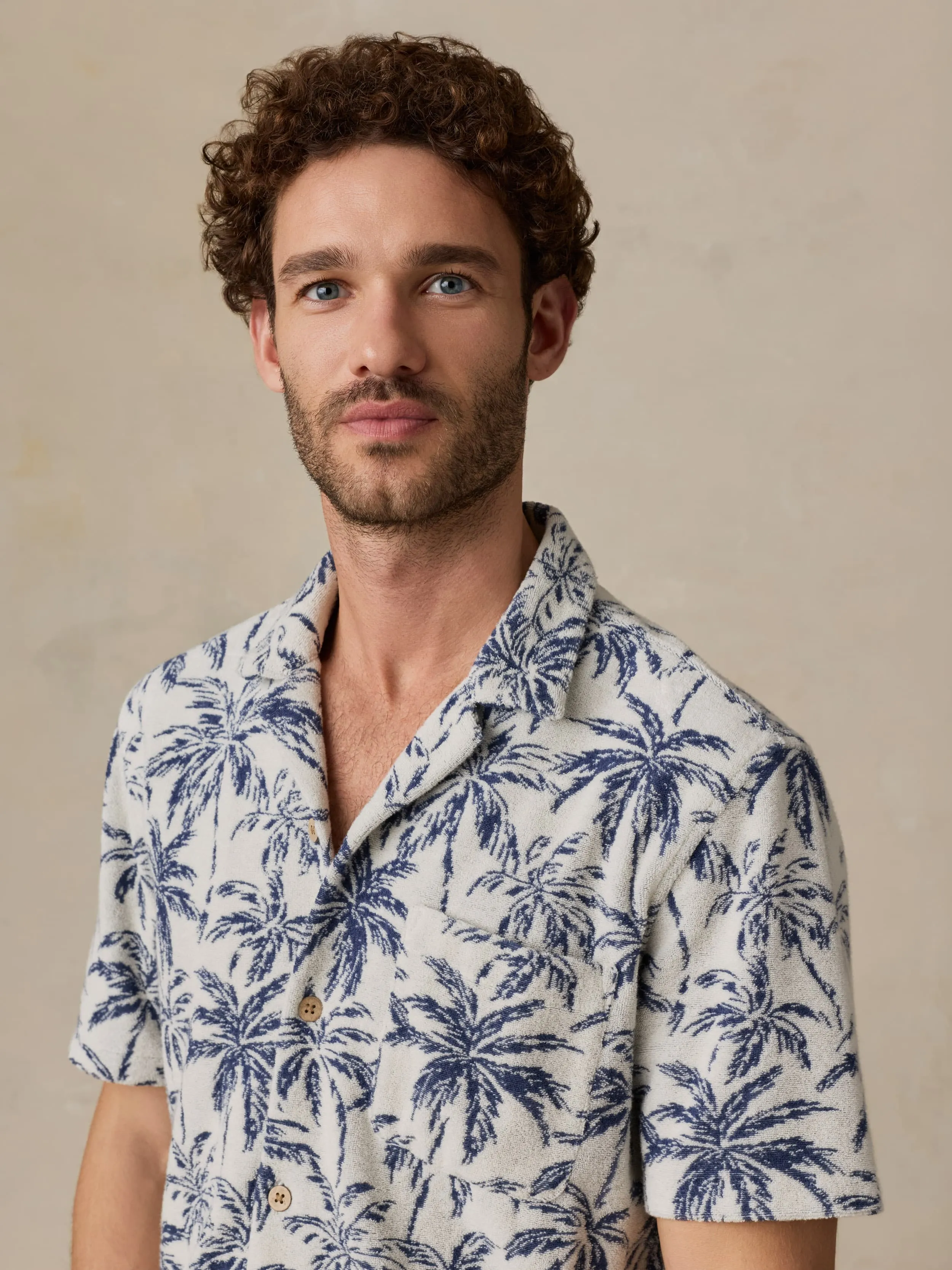 Short-Sleeve Cabana Towel Terry Shirt - Ivory Tropic Trees sold by Faherty product image thumbnail 2