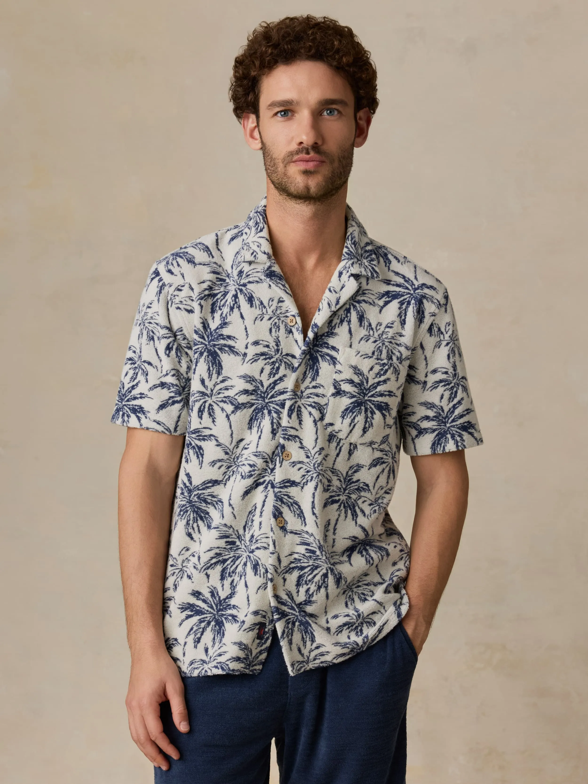 Short-Sleeve Cabana Towel Terry Shirt - Ivory Tropic Trees sold by Faherty