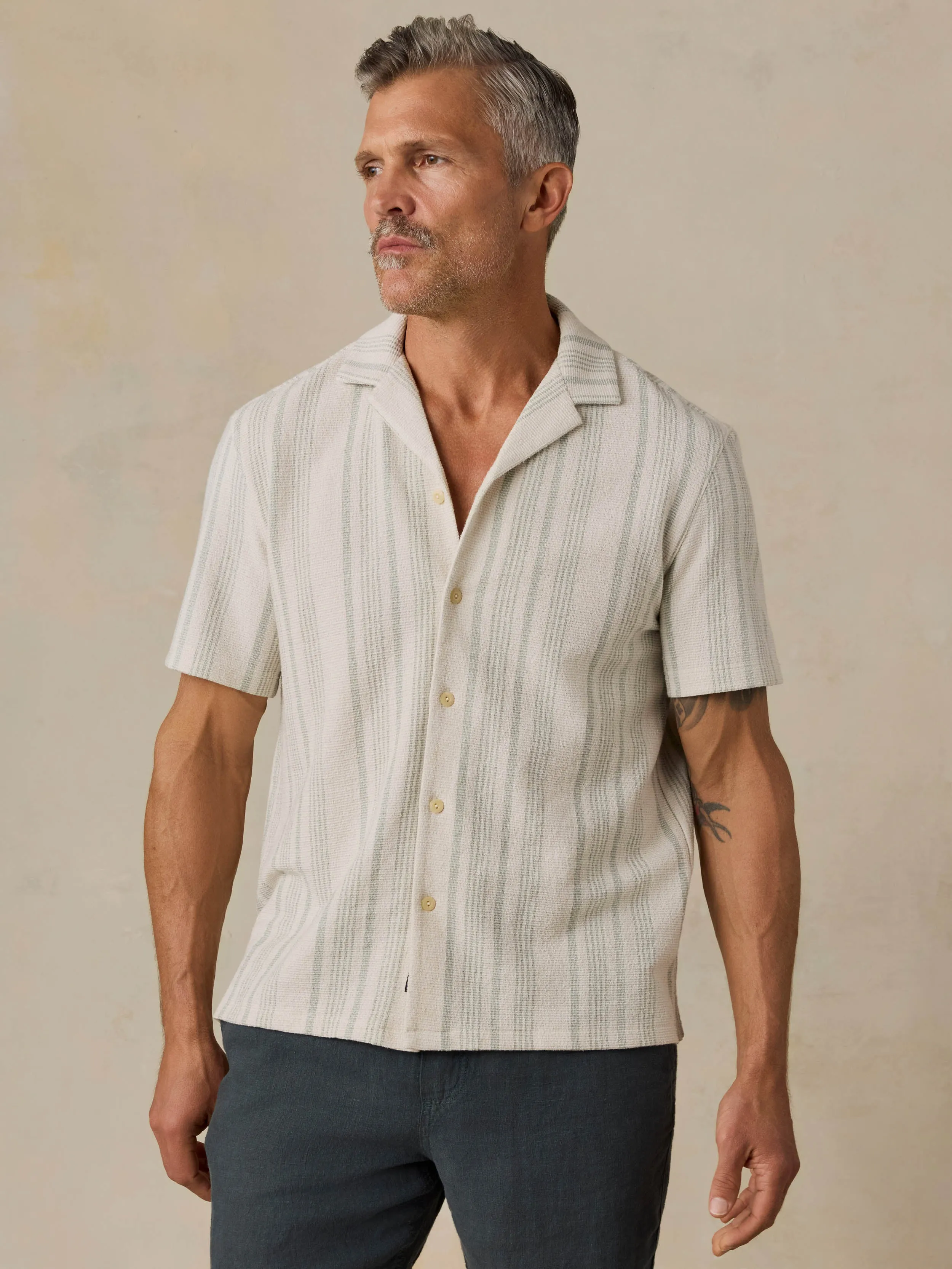 Short-Sleeve Oasis Camp Shirt - Sage Beach Stripe sold by Faherty