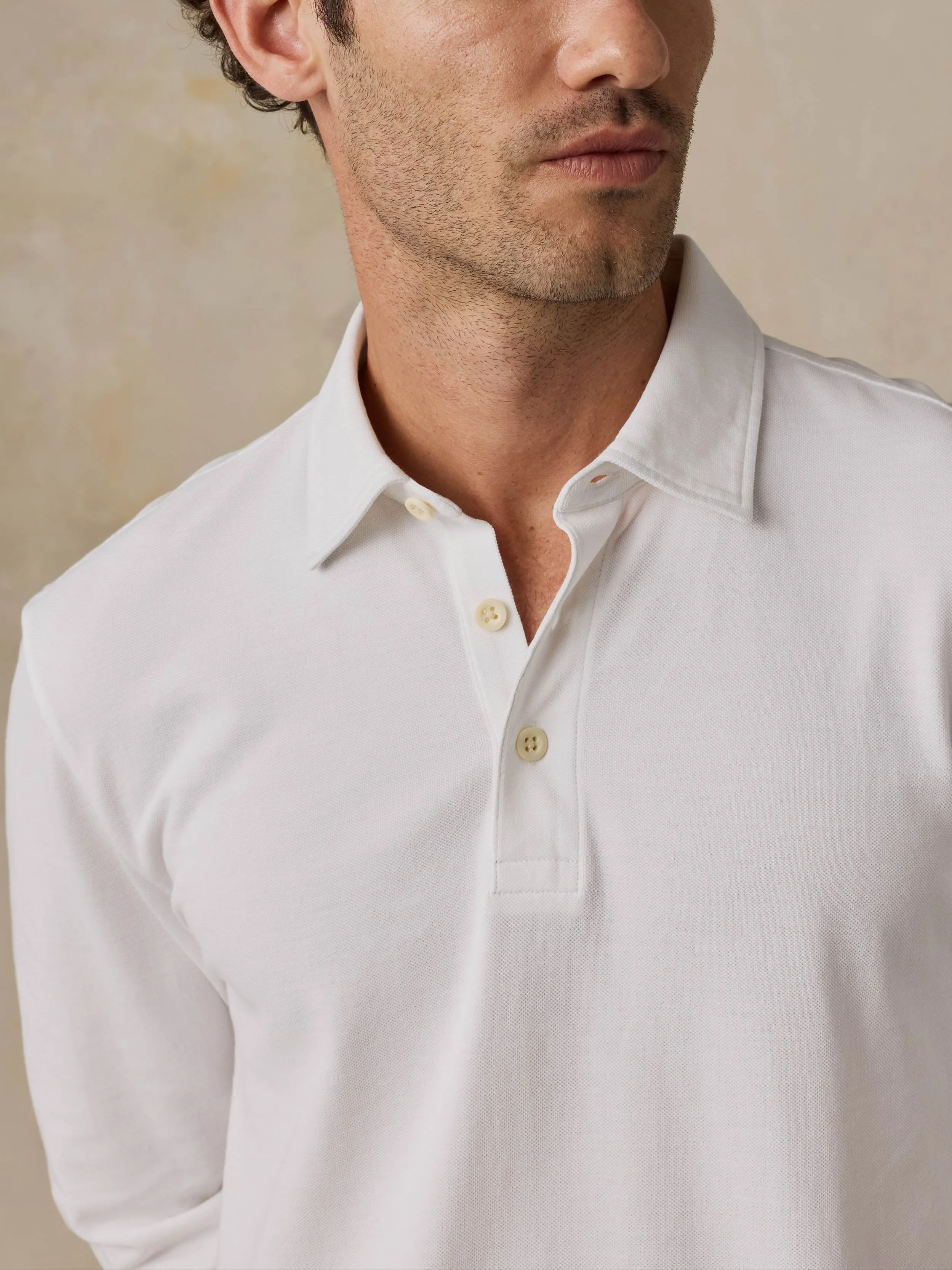 Long-Sleeve Sunwashed Pique Polo - Pure White sold by Faherty product image thumbnail 3