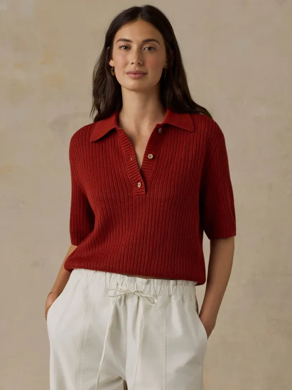 Miramar Linen Short-Sleeve Polo - Red Ochre made by Faherty