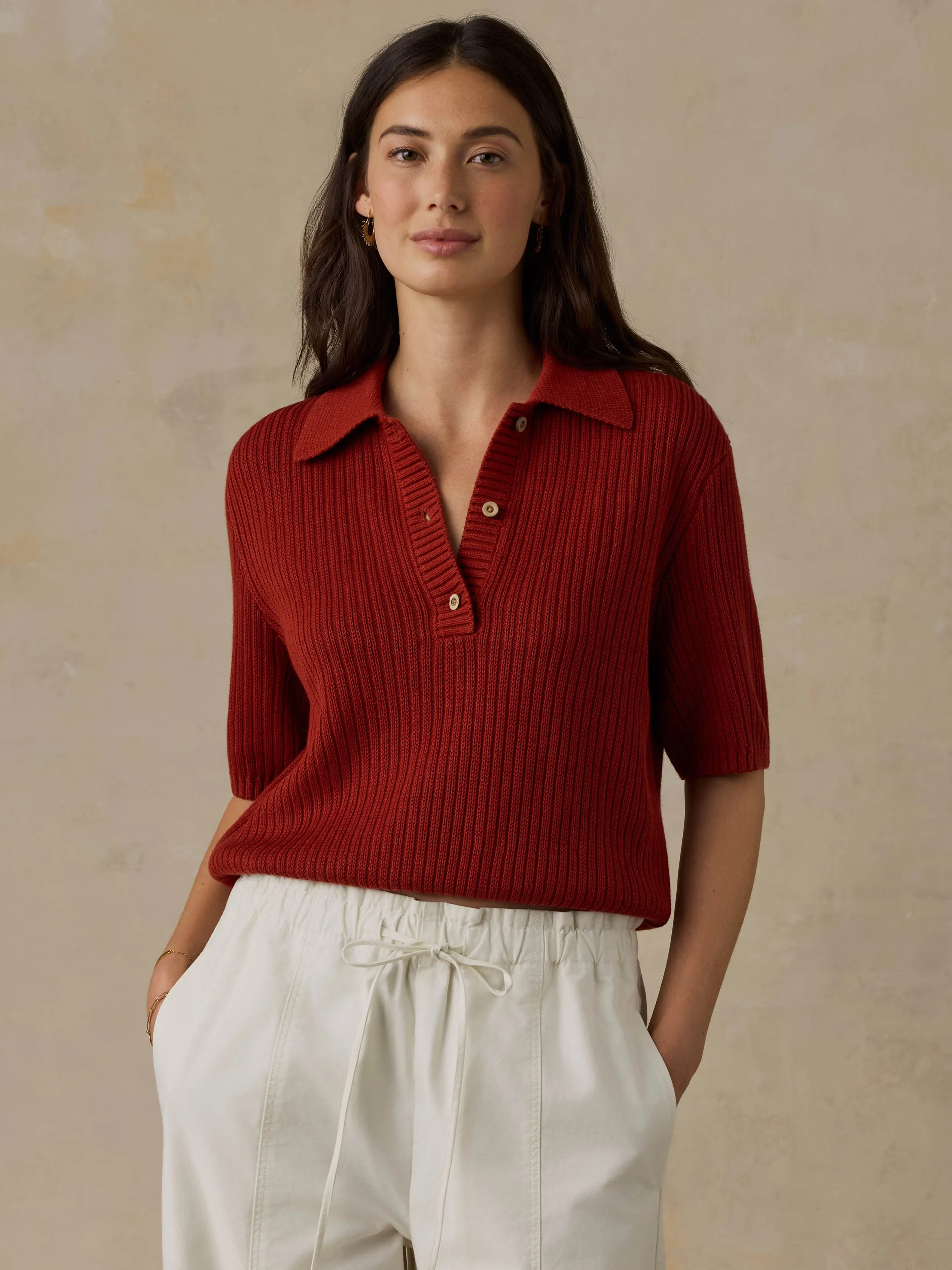 Miramar Linen Short-Sleeve Polo - Red Ochre sold by Faherty