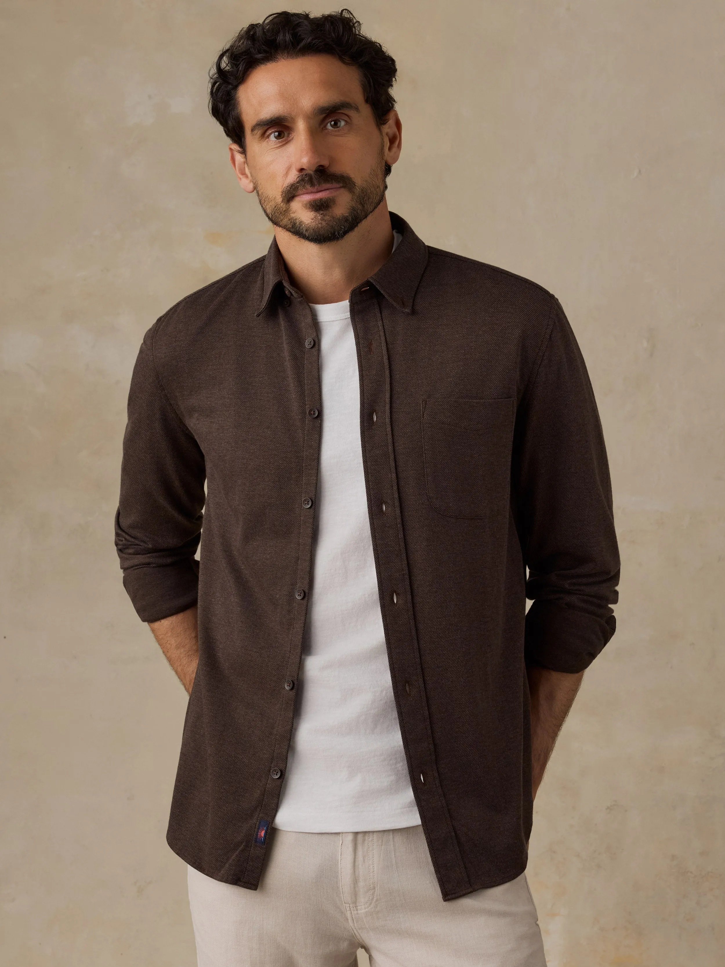 Coastline Knit Shirt - Brown Road Twill sold by Faherty