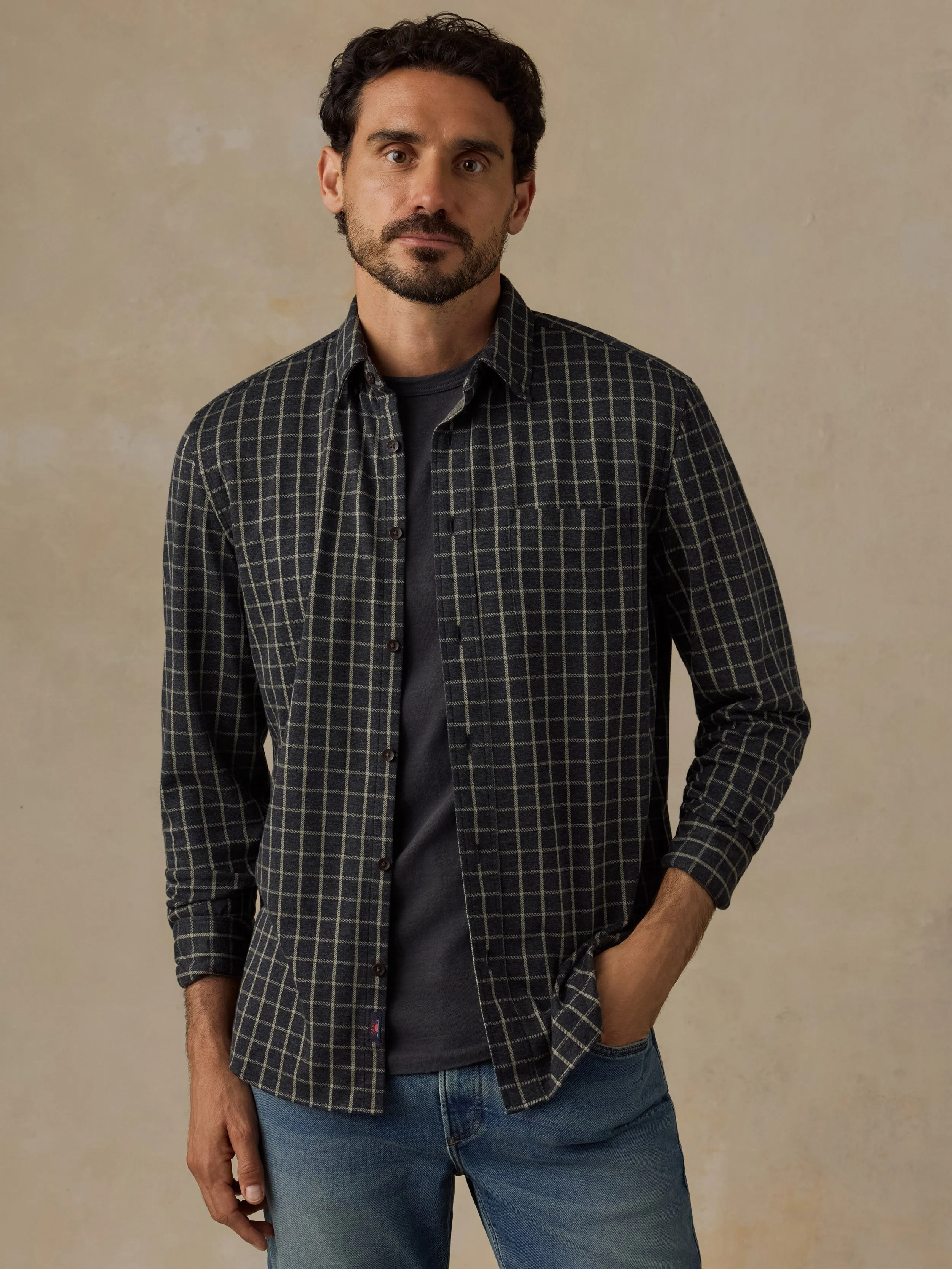 Coastline Knit Shirt - Charcoal Sage Check sold by Faherty