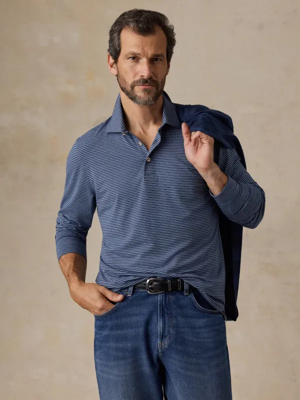 Long-Sleeve Movement Polo - Navy Strait Stripe made by Faherty