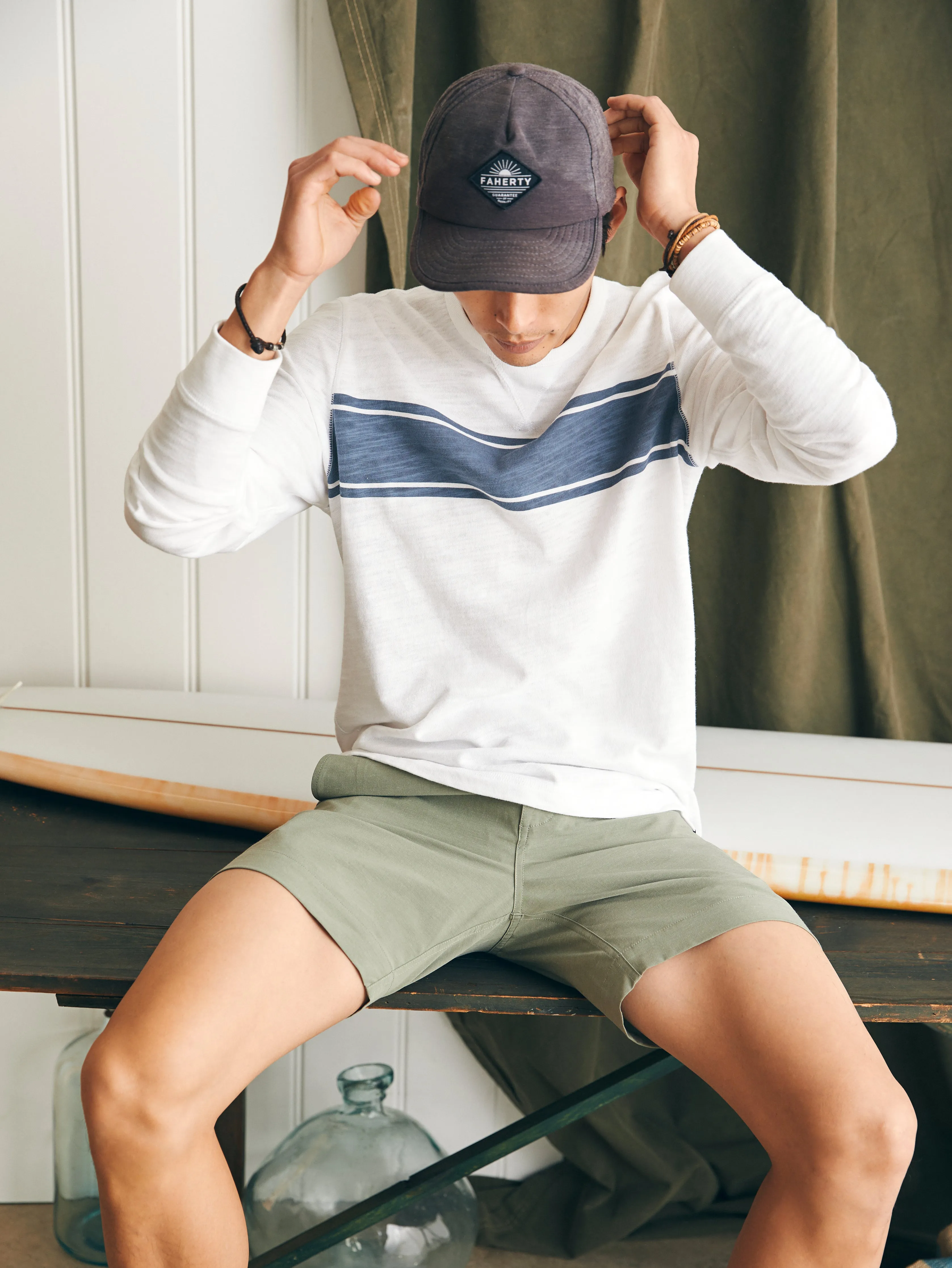 Sunwashed Slub Crew - White Surf Stripe sold by Faherty