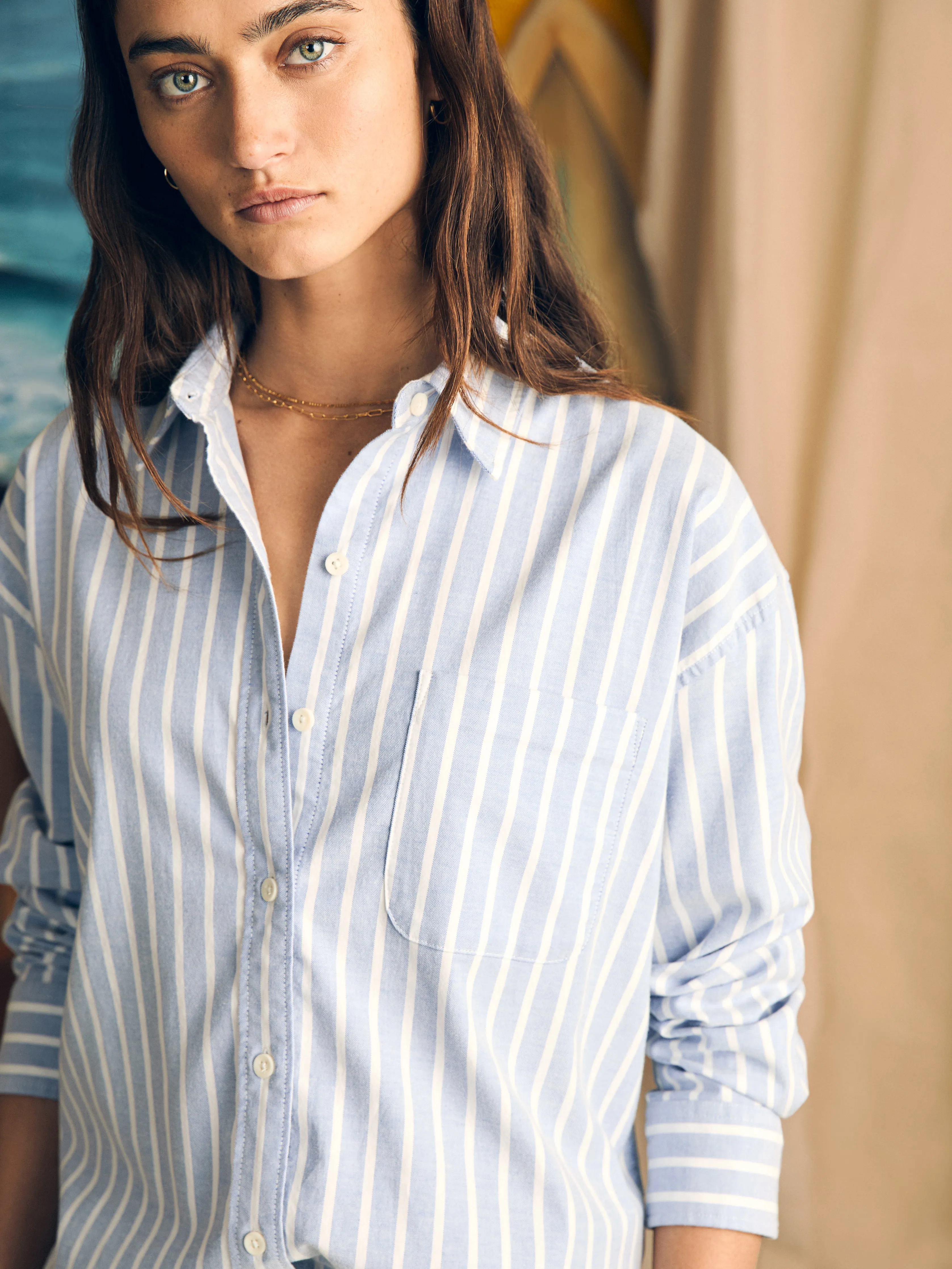 Stretch Oxford Relaxed Shirt - Mangrove Stripe sold by Faherty