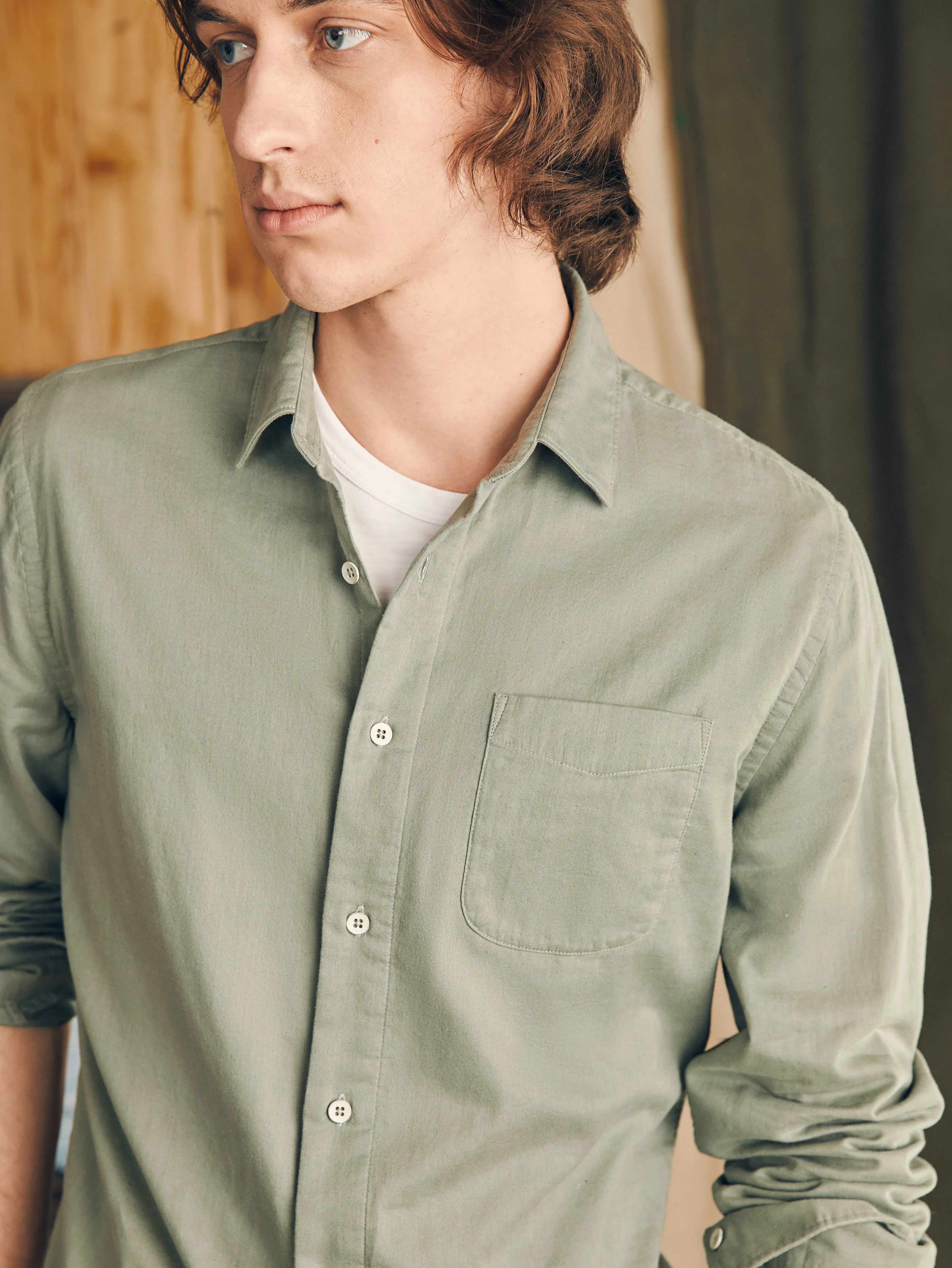 Sunwashed Chambray Shirt - Desert Olive sold by Faherty product image thumbnail 2
