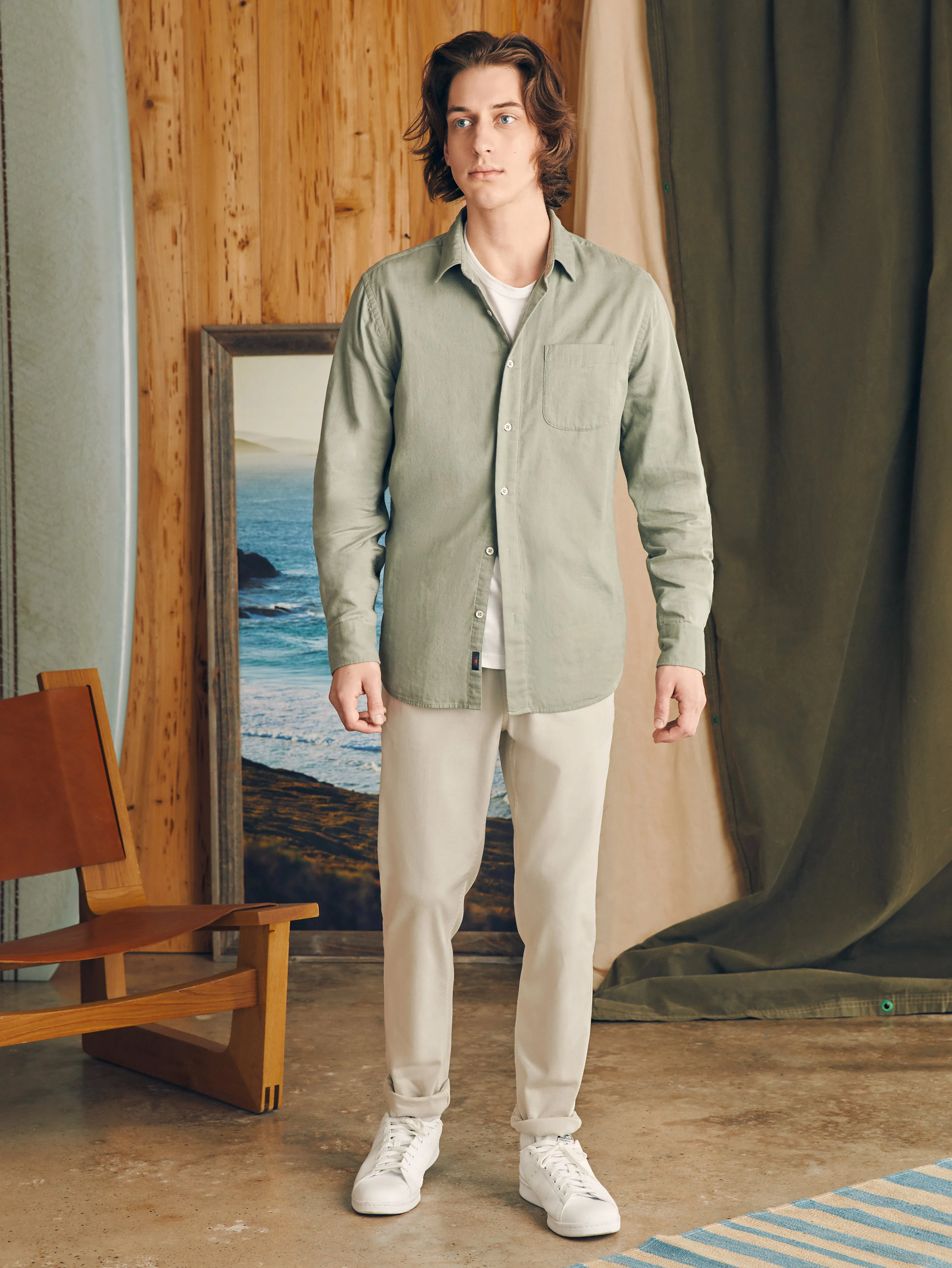 Sunwashed Chambray Shirt - Desert Olive sold by Faherty product image thumbnail 4