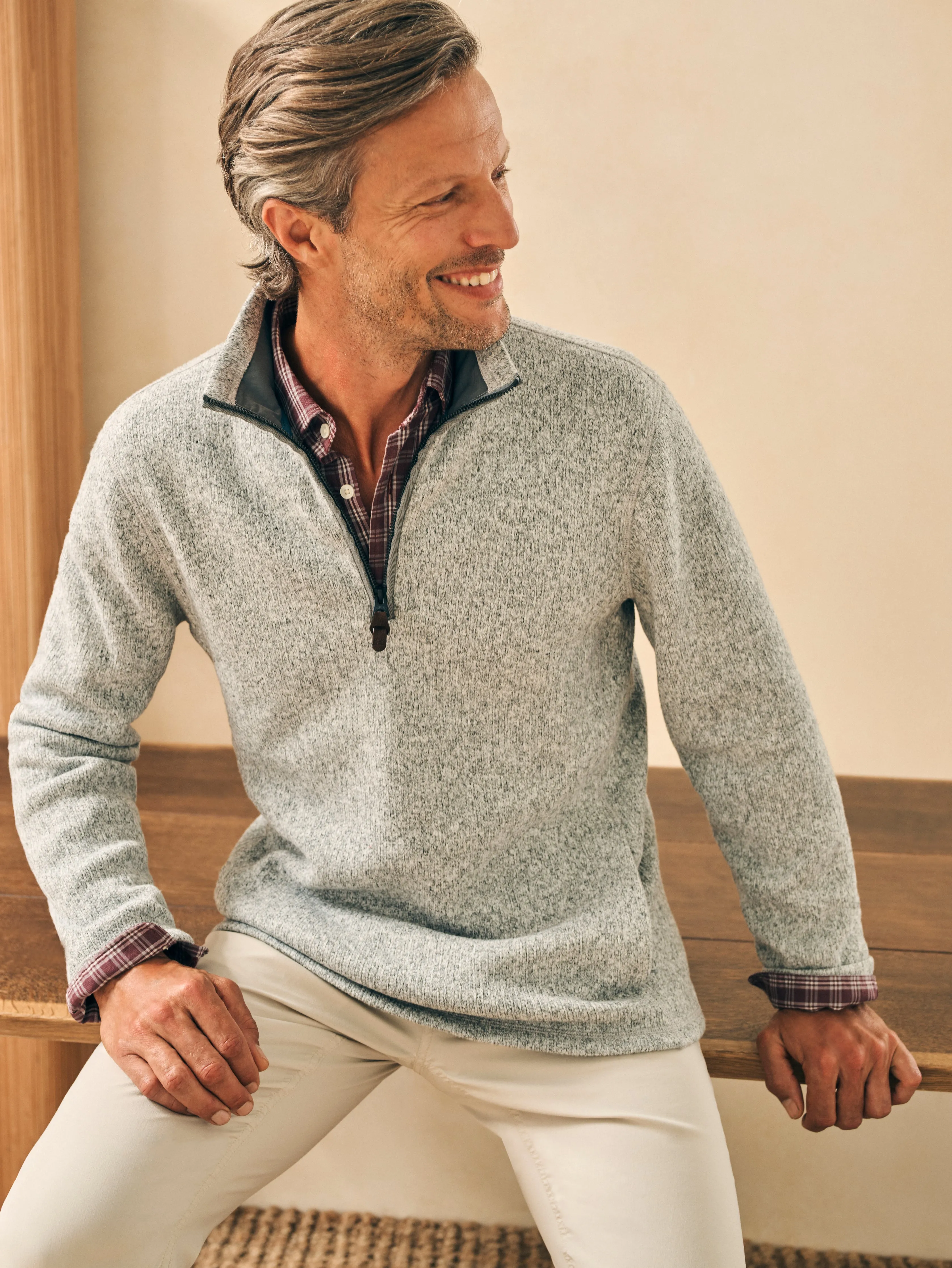 Sweater Fleece Quarter Zip - Light Granite sold by Faherty
