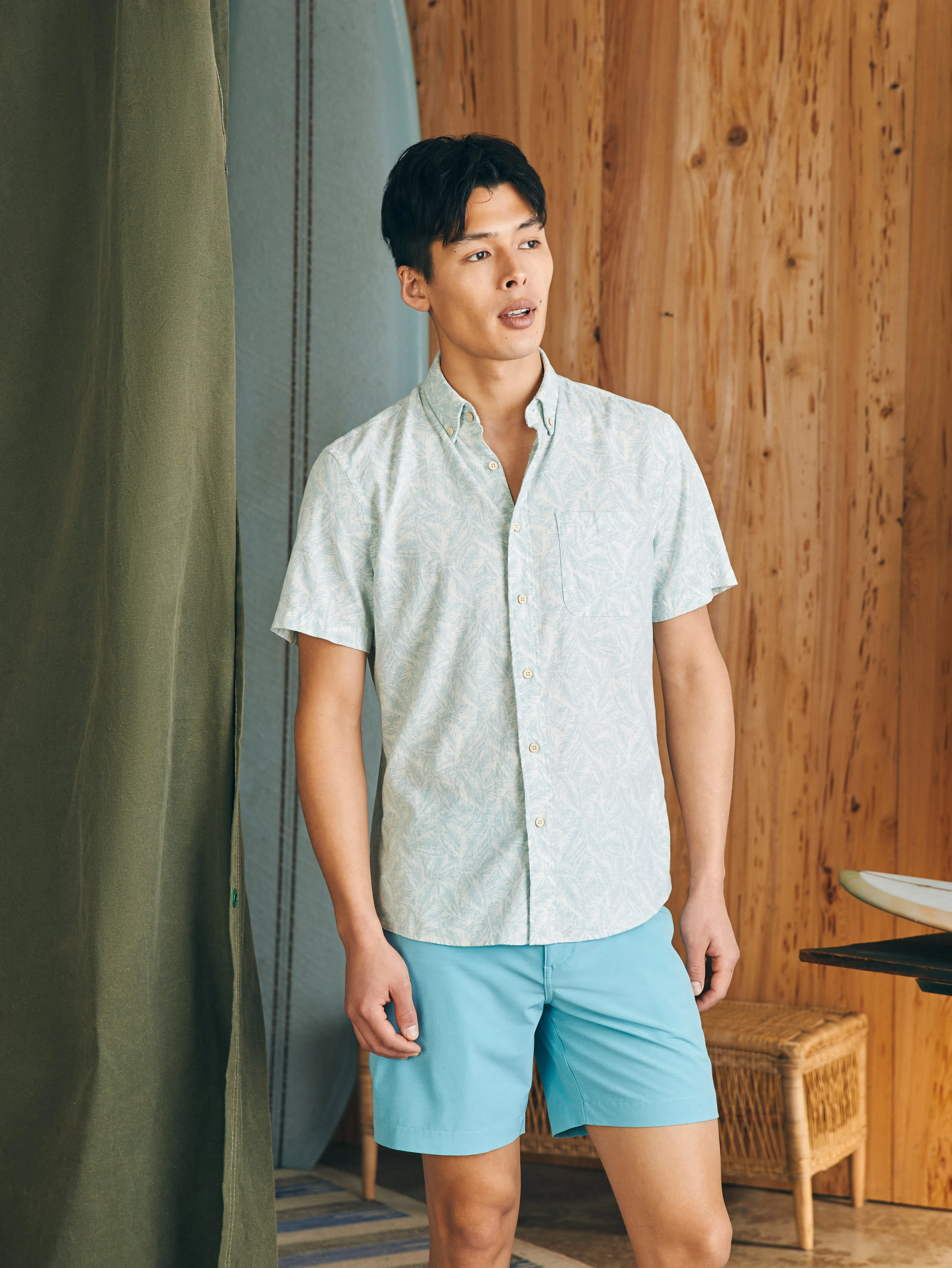 Short-Sleeve Breeze Shirt (Tall) - Teal Jungle Leaf Print sold by Faherty