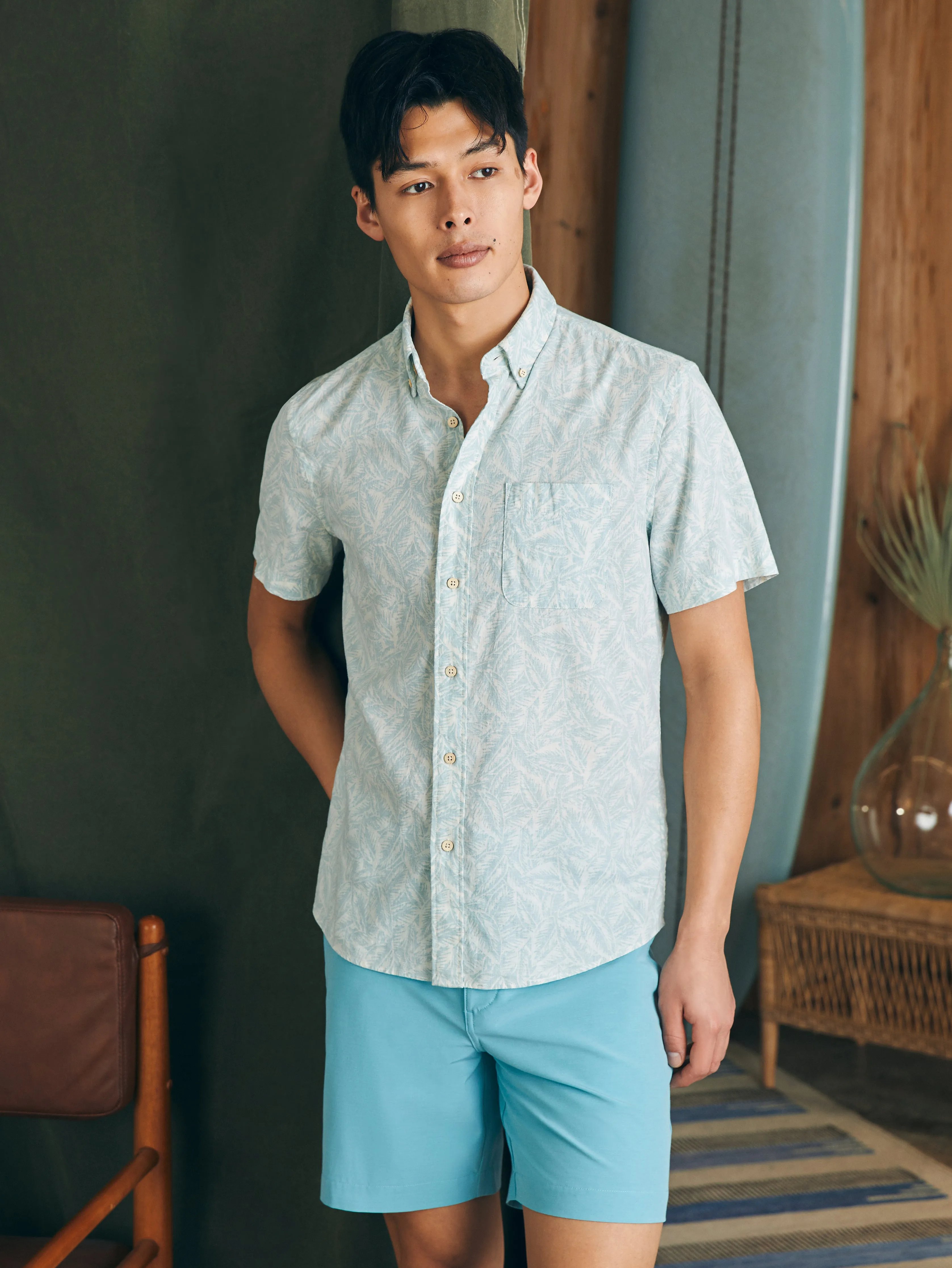 Short-Sleeve Breeze Shirt (Tall) - Teal Jungle Leaf Print sold by Faherty product image thumbnail 3