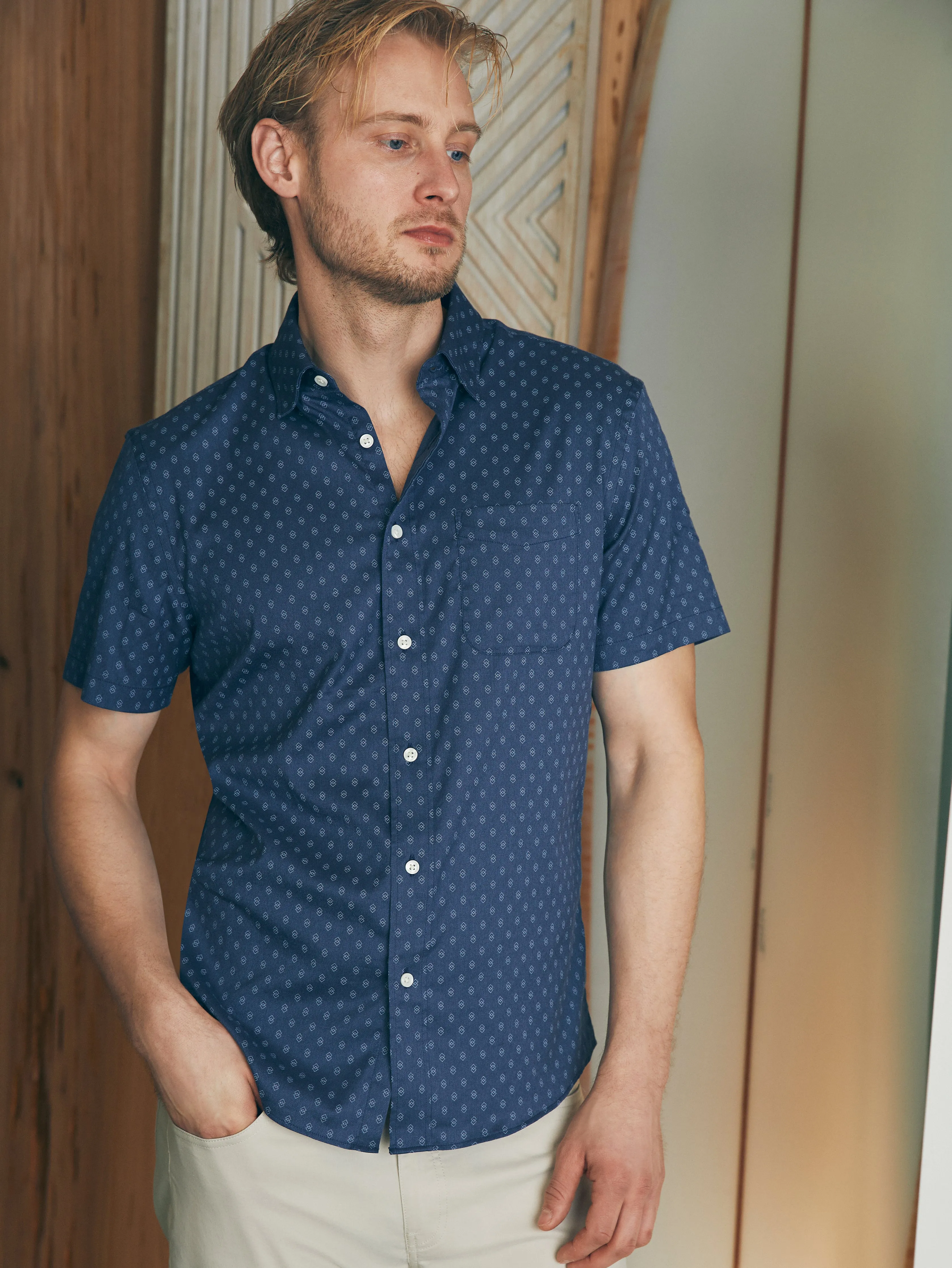 Movement™ Short-Sleeve Shirt (Tall) - Navy Dusk Diamond Print sold by Faherty product image thumbnail 4