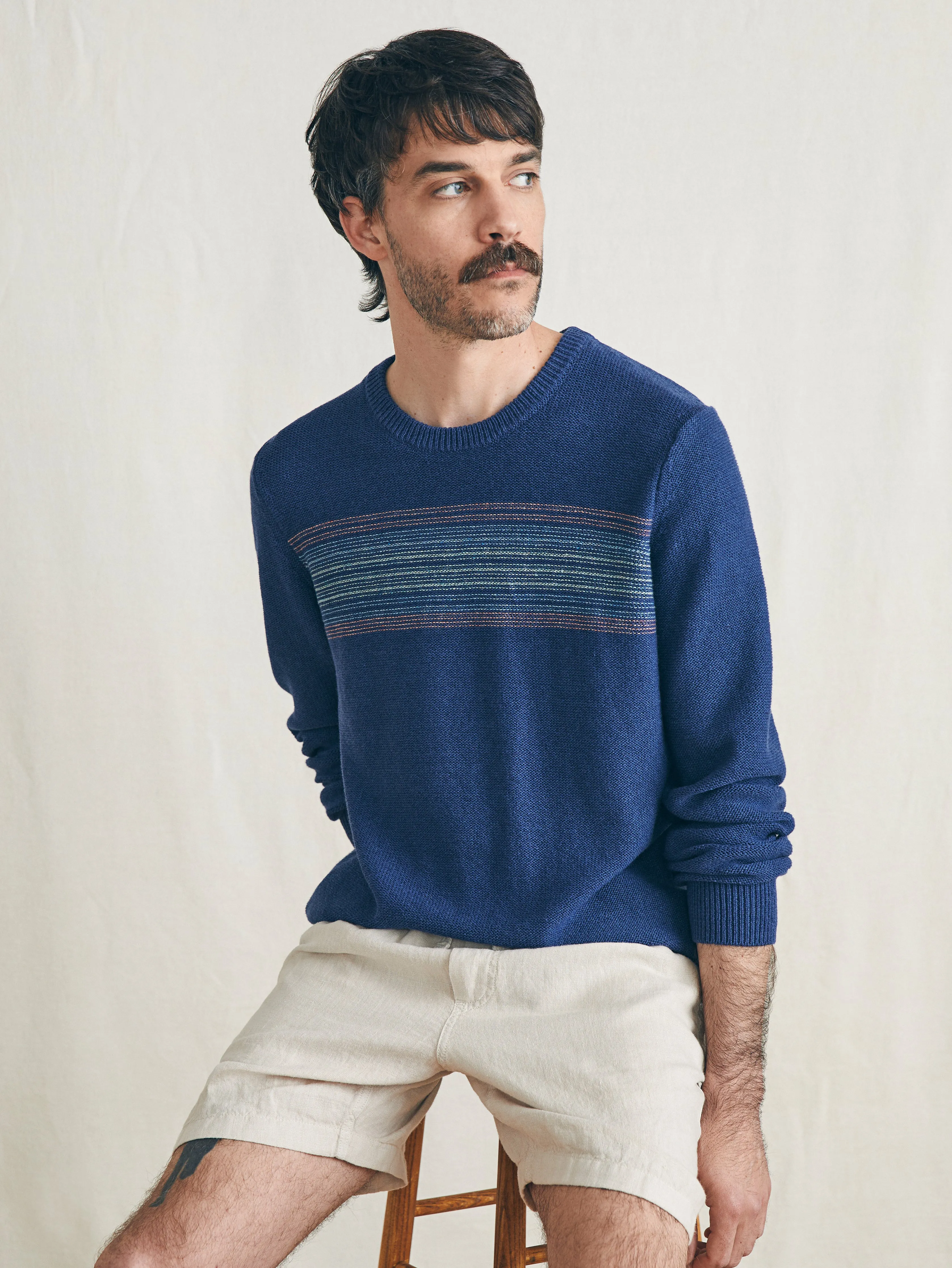 Surf Stripe Crew Sweater - Navy Sea Sunset sold by Faherty product image thumbnail 4