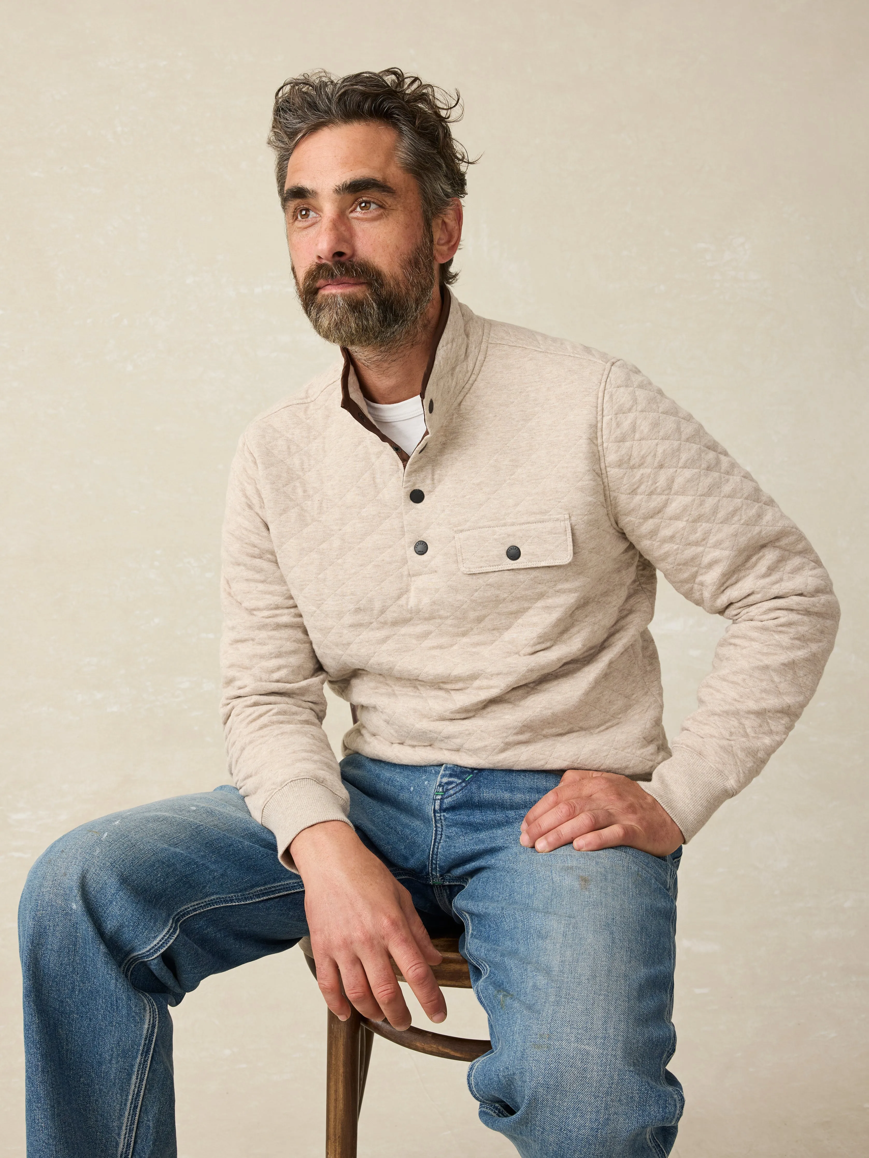 Epic Quilted Fleece Pullover - Oatmeal Melange sold by Faherty