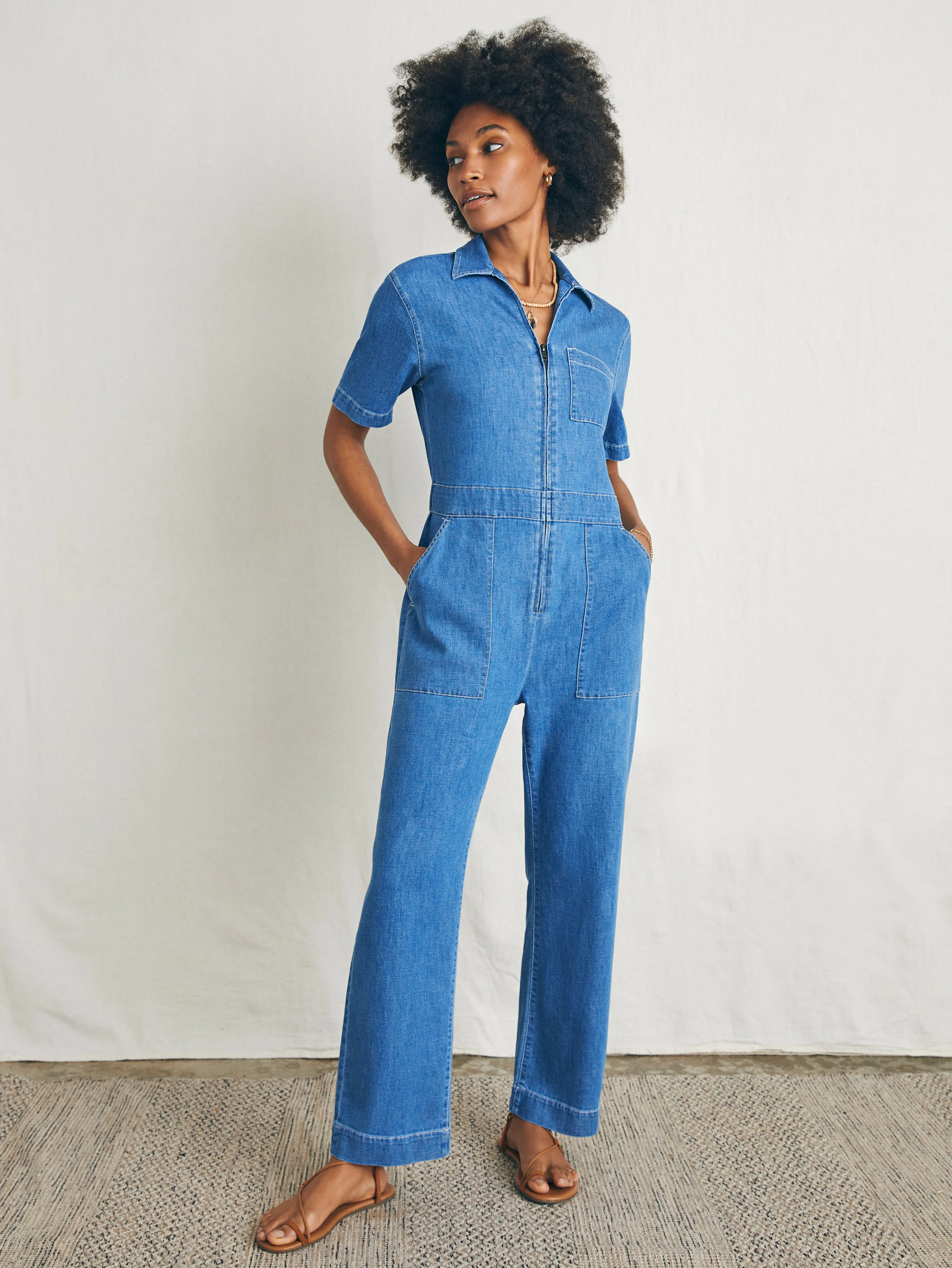 Linen Denim Jumpsuit - Bay Breeze Wash sold by Faherty