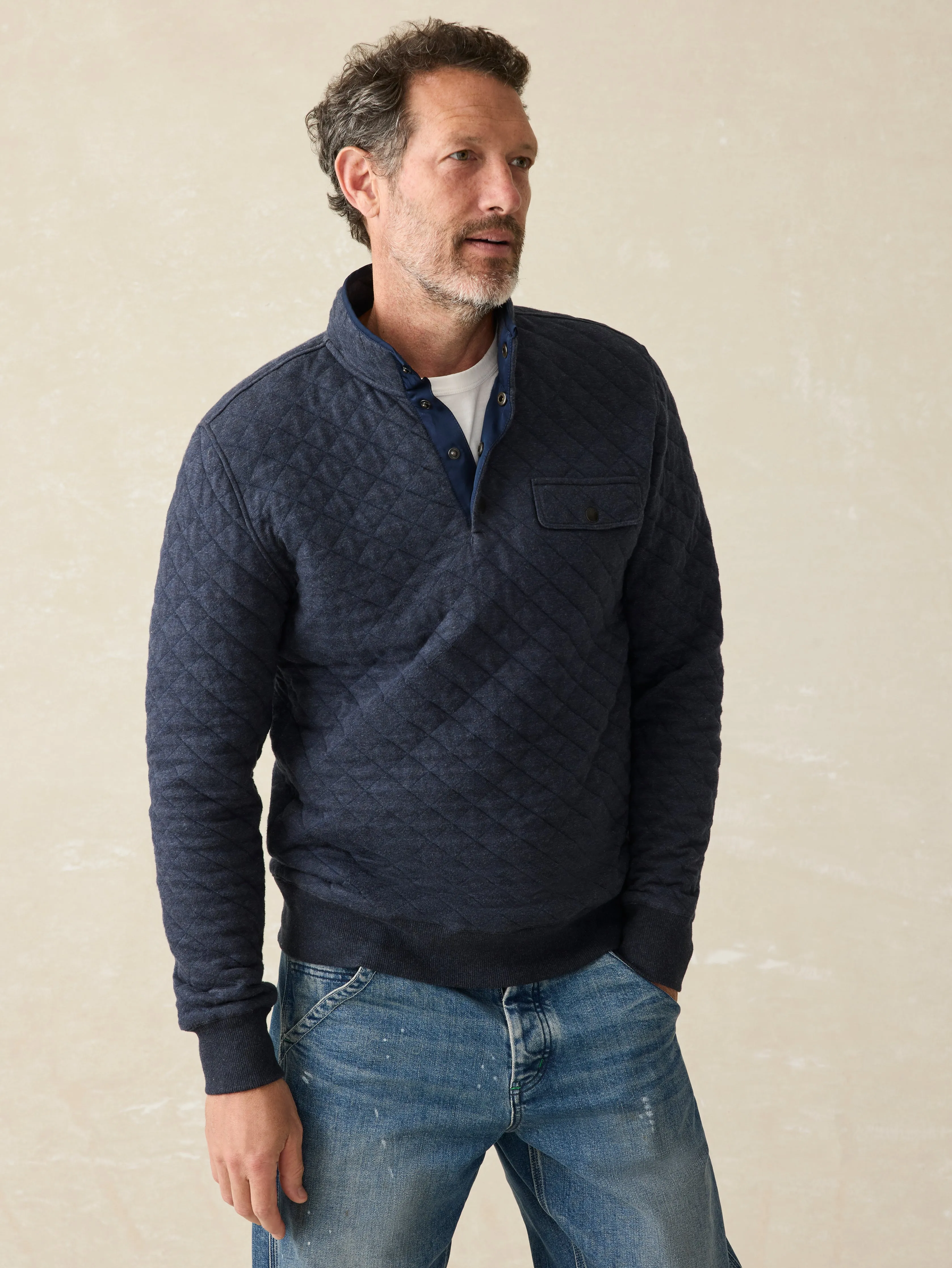 Epic Quilted Fleece Pullover - Navy Melange sold by Faherty