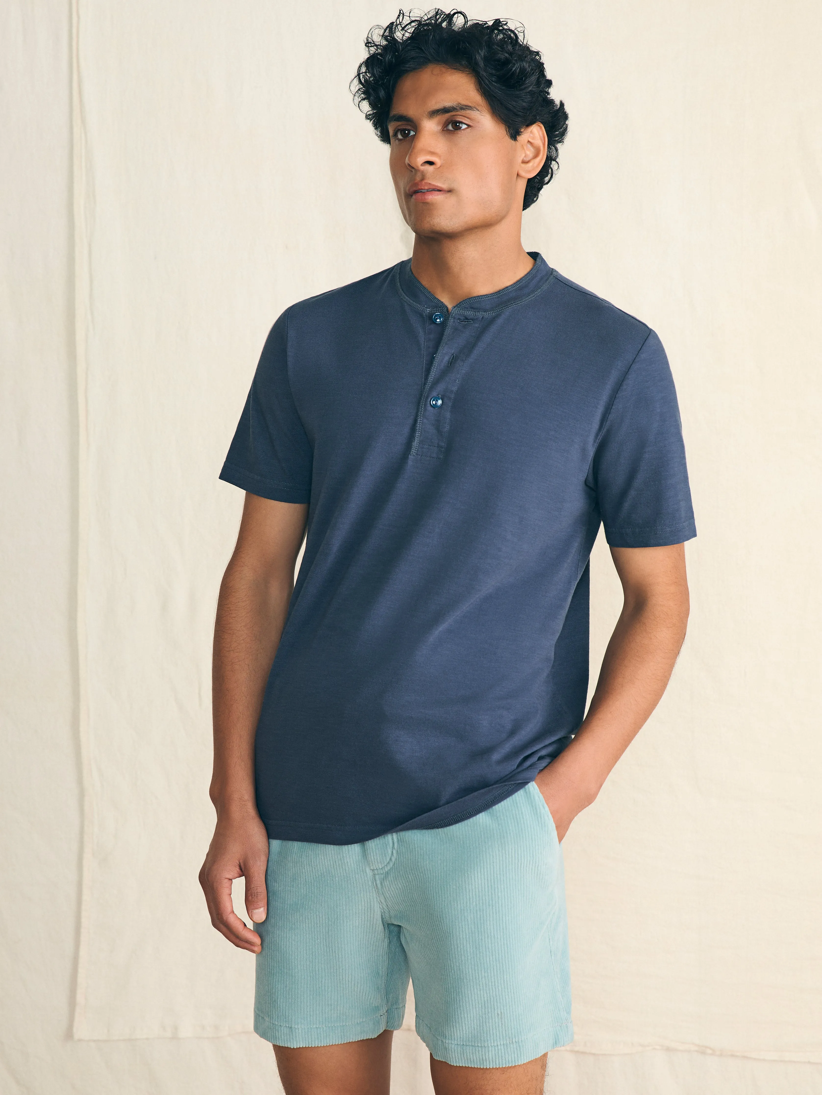 Short-Sleeve Sunwashed Henley - Dune Navy sold by Faherty