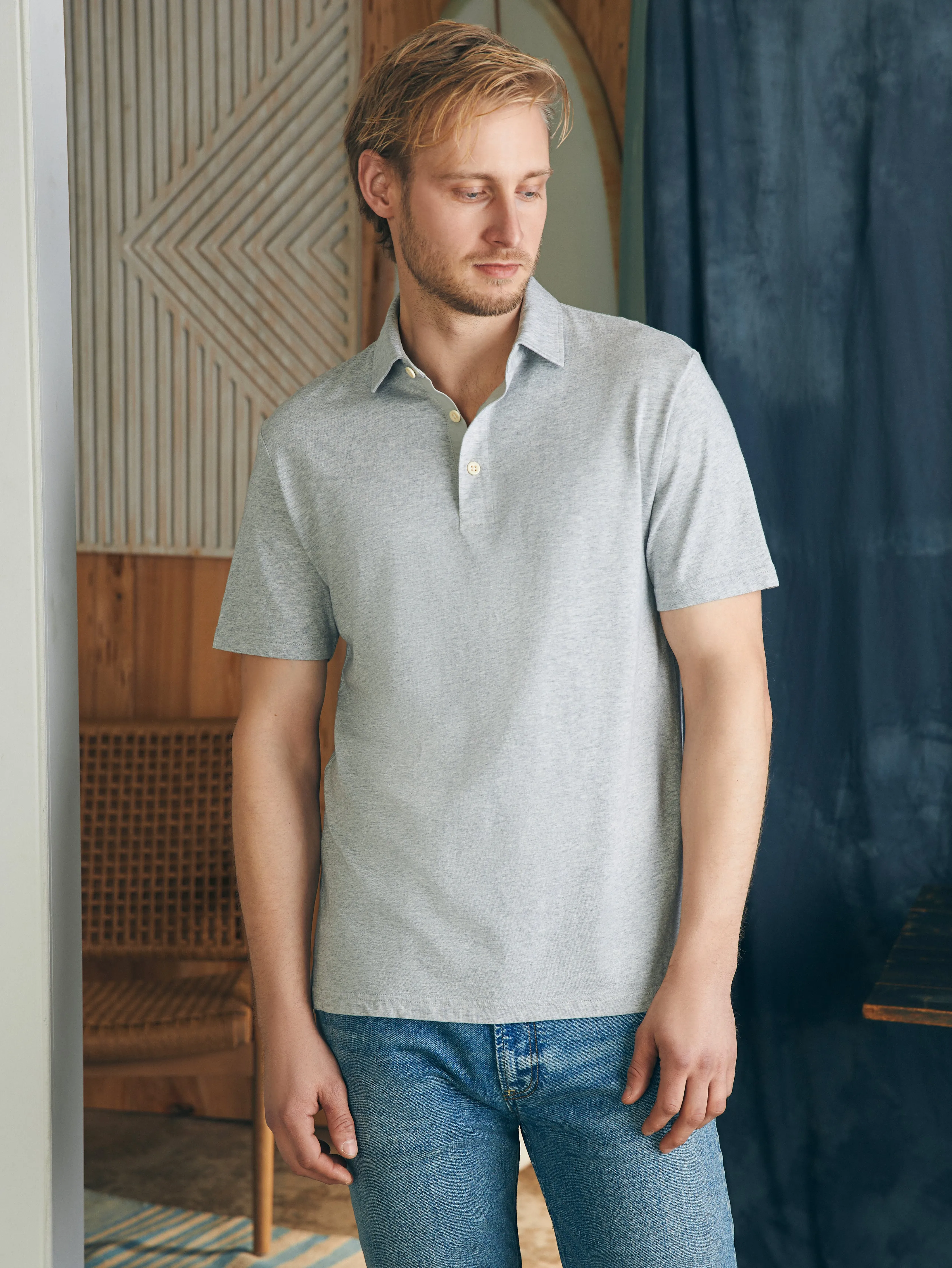 Sunwashed T-Shirt Polo - Heather Grey sold by Faherty