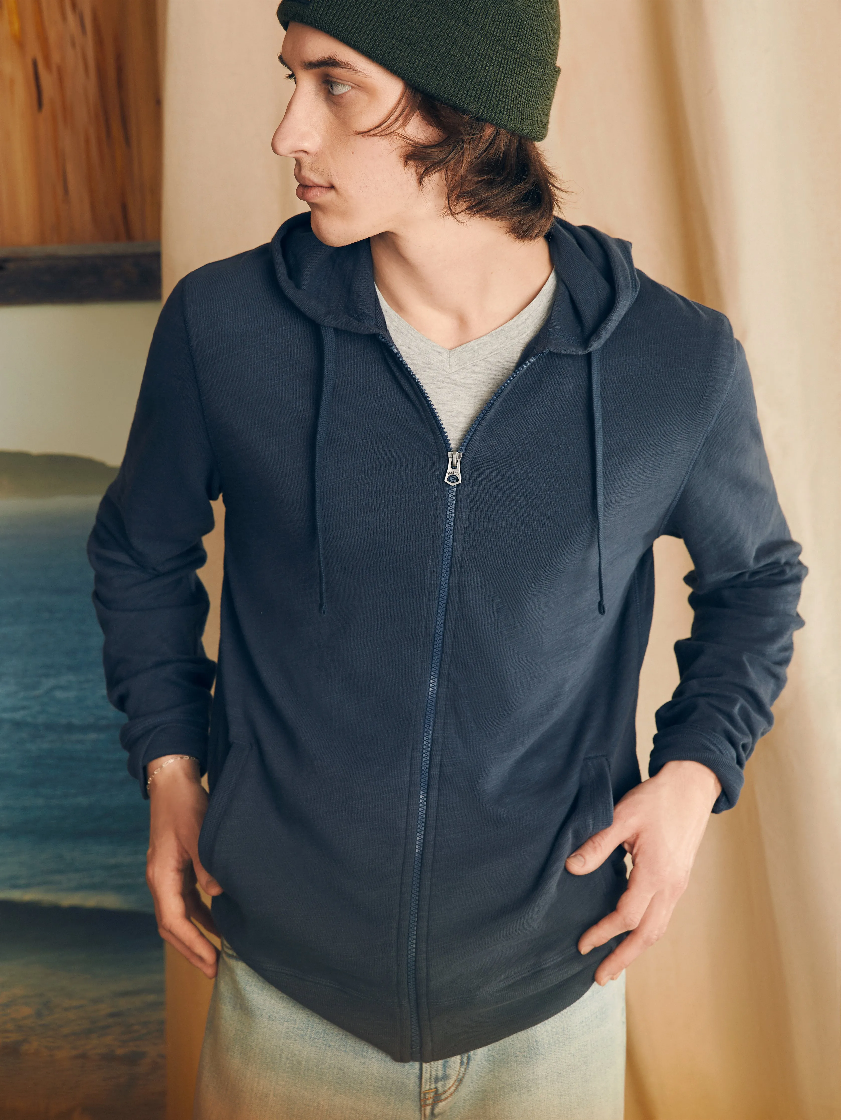 Sunwashed Slub Zip Hoodie - Blue Nights sold by Faherty