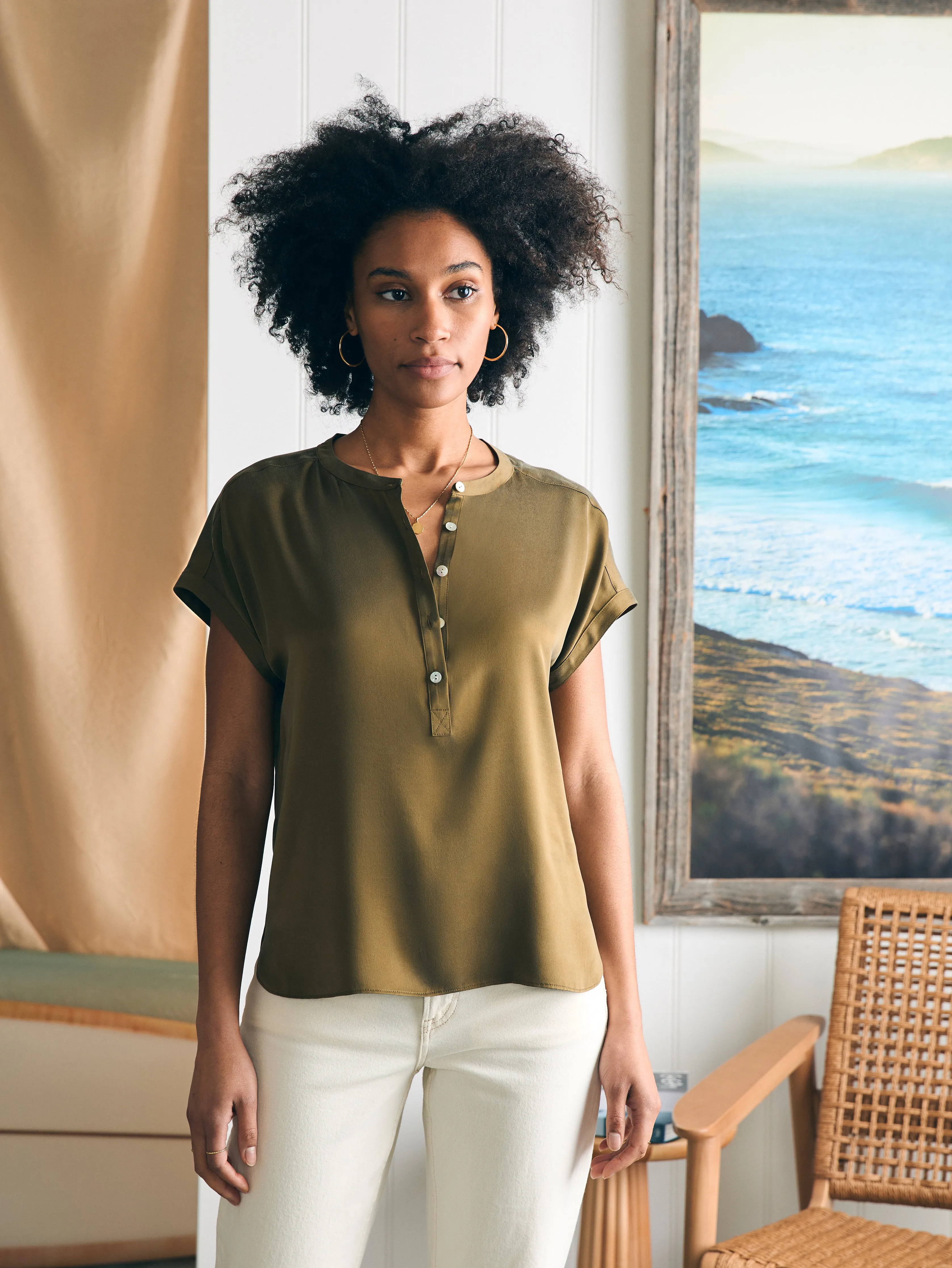 Sandwashed Silk Desmond Top - Military Olive sold by Faherty product image thumbnail 4