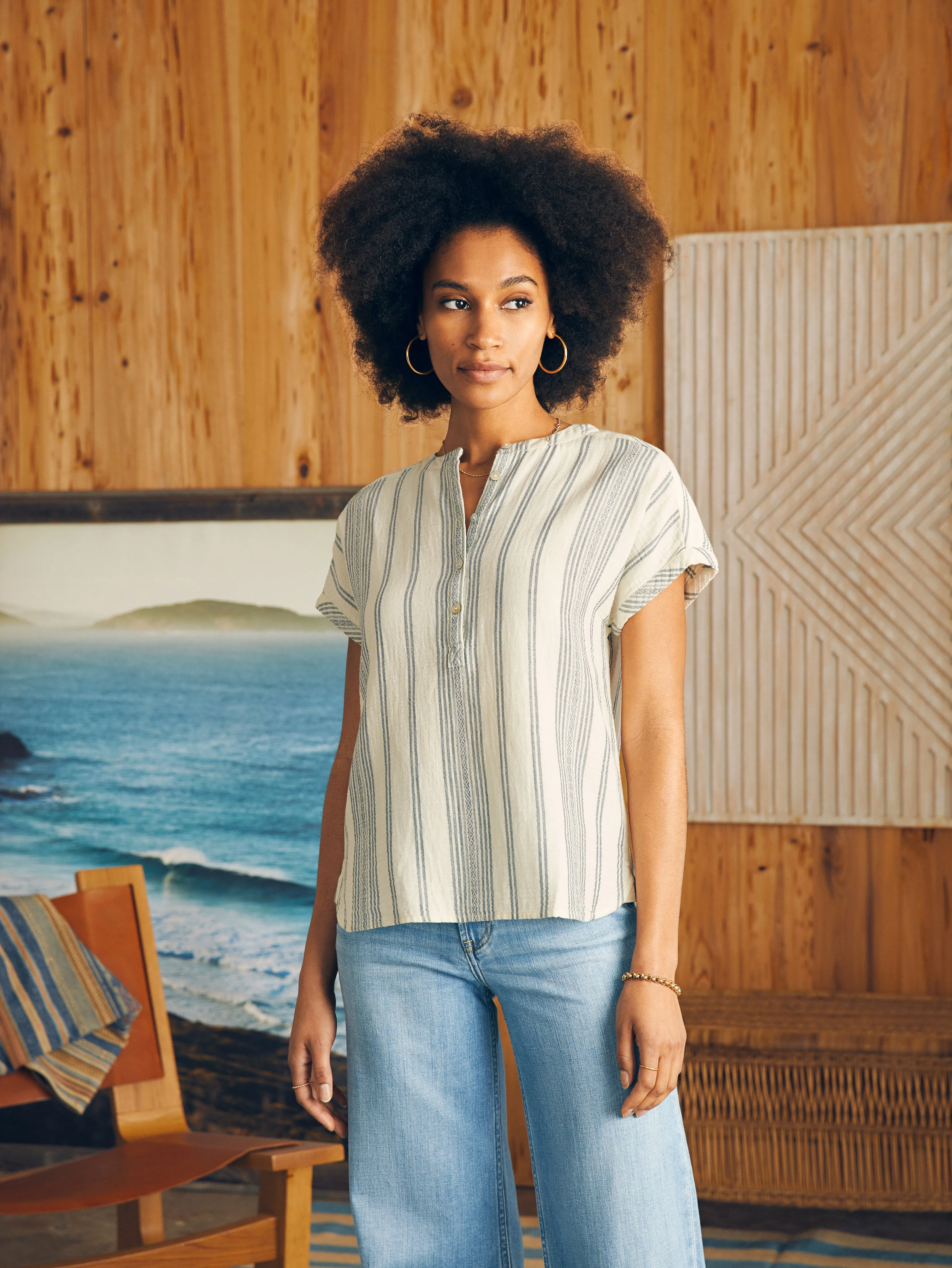 Dream Cotton Gauze Desmond Top - Cream Tidal Wave Dobby sold by Faherty product image thumbnail 3