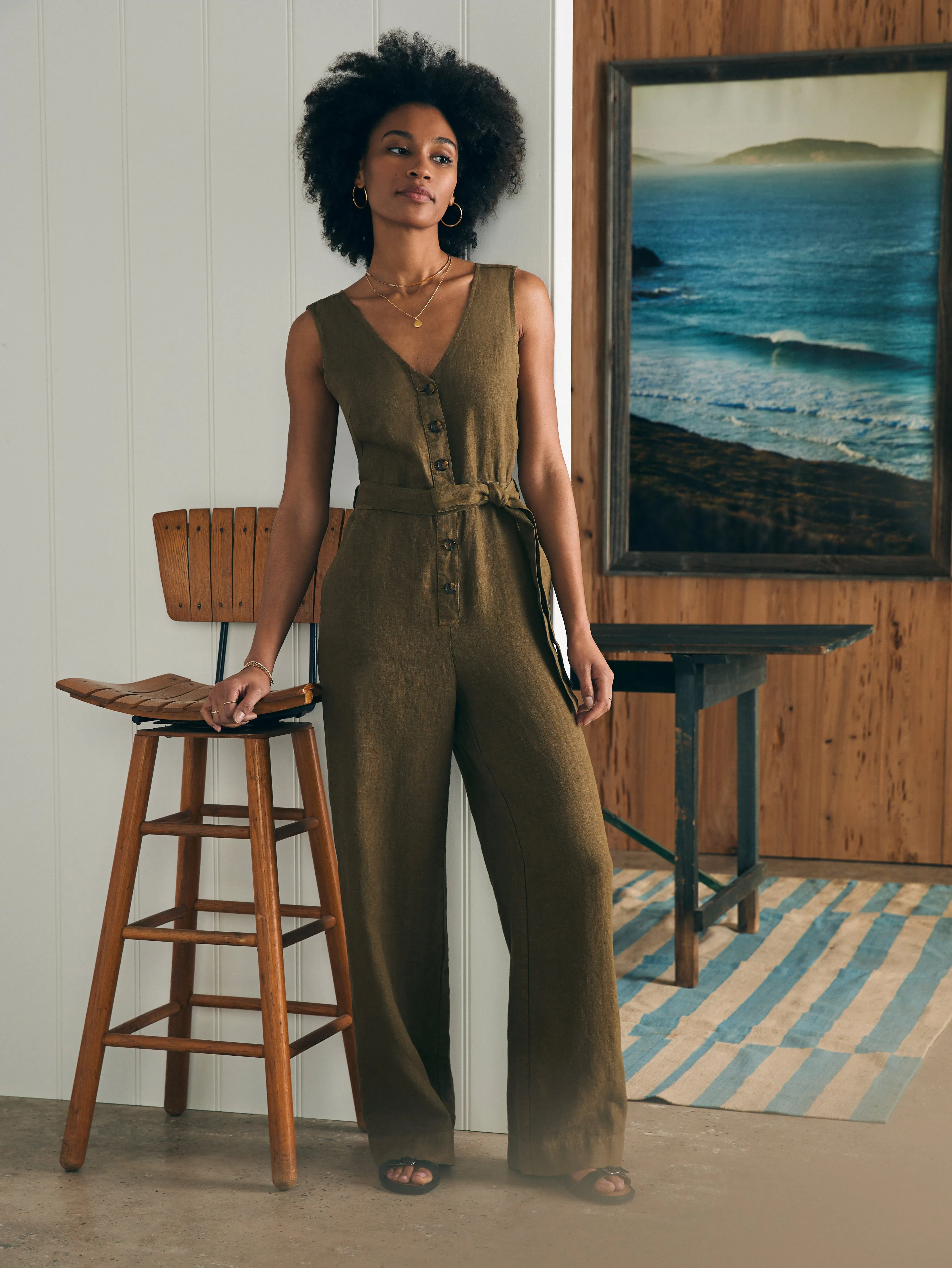 Linen Alina Jumpsuit - Military Olive sold by Faherty