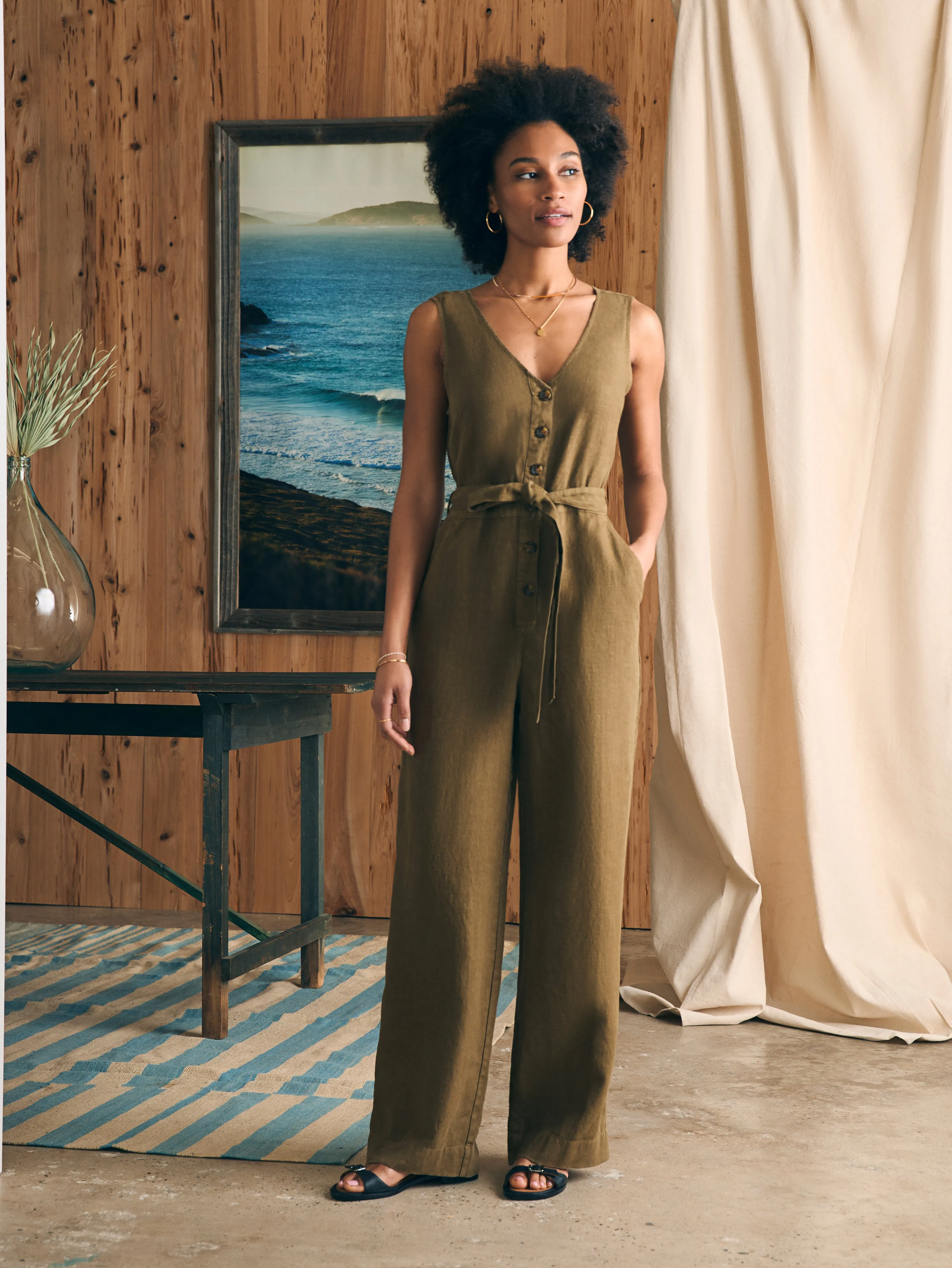 Linen Alina Jumpsuit - Military Olive sold by Faherty product image thumbnail 3