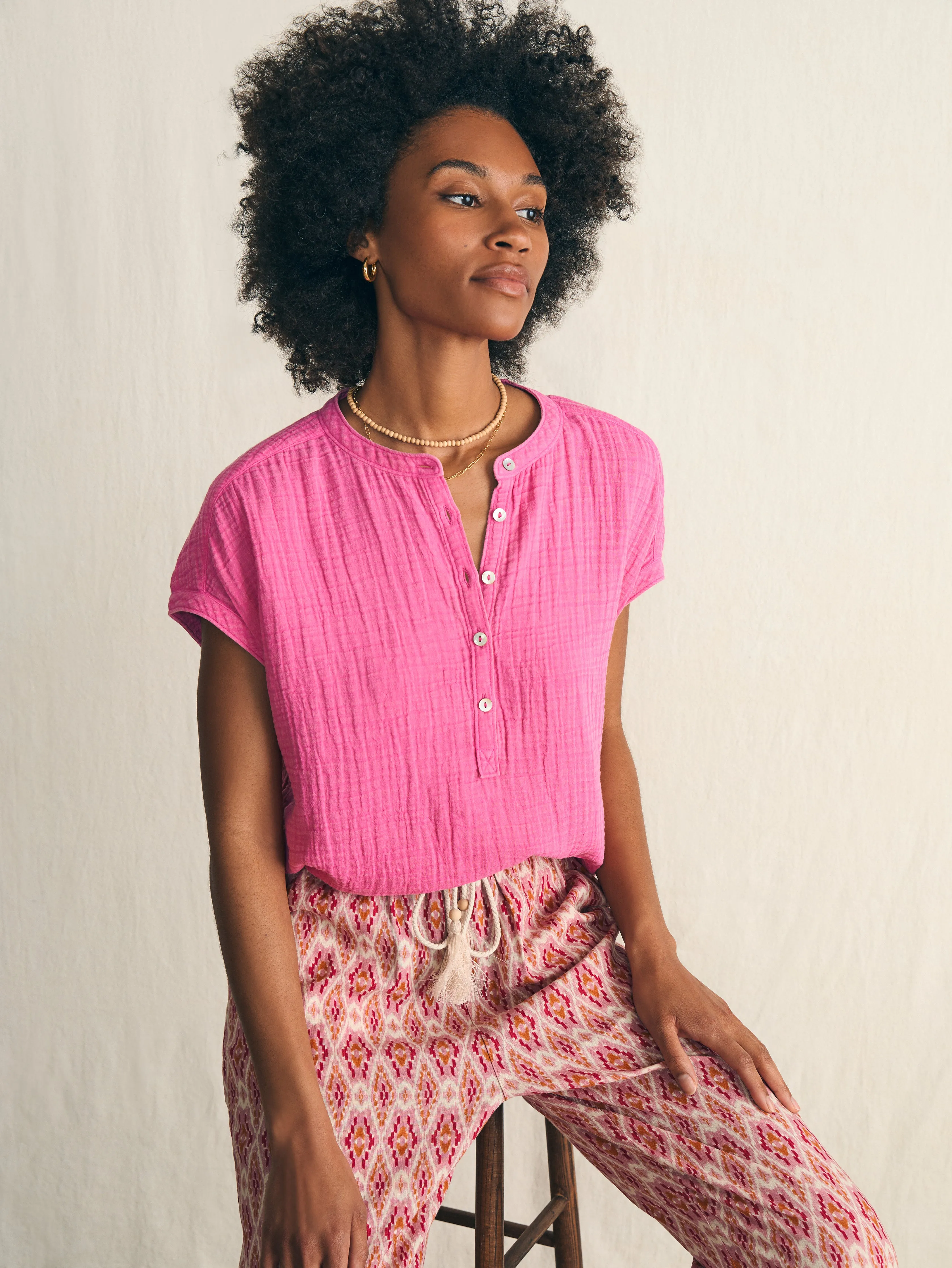 Dream Cotton Gauze Desmond Top - Cone Flower sold by Faherty