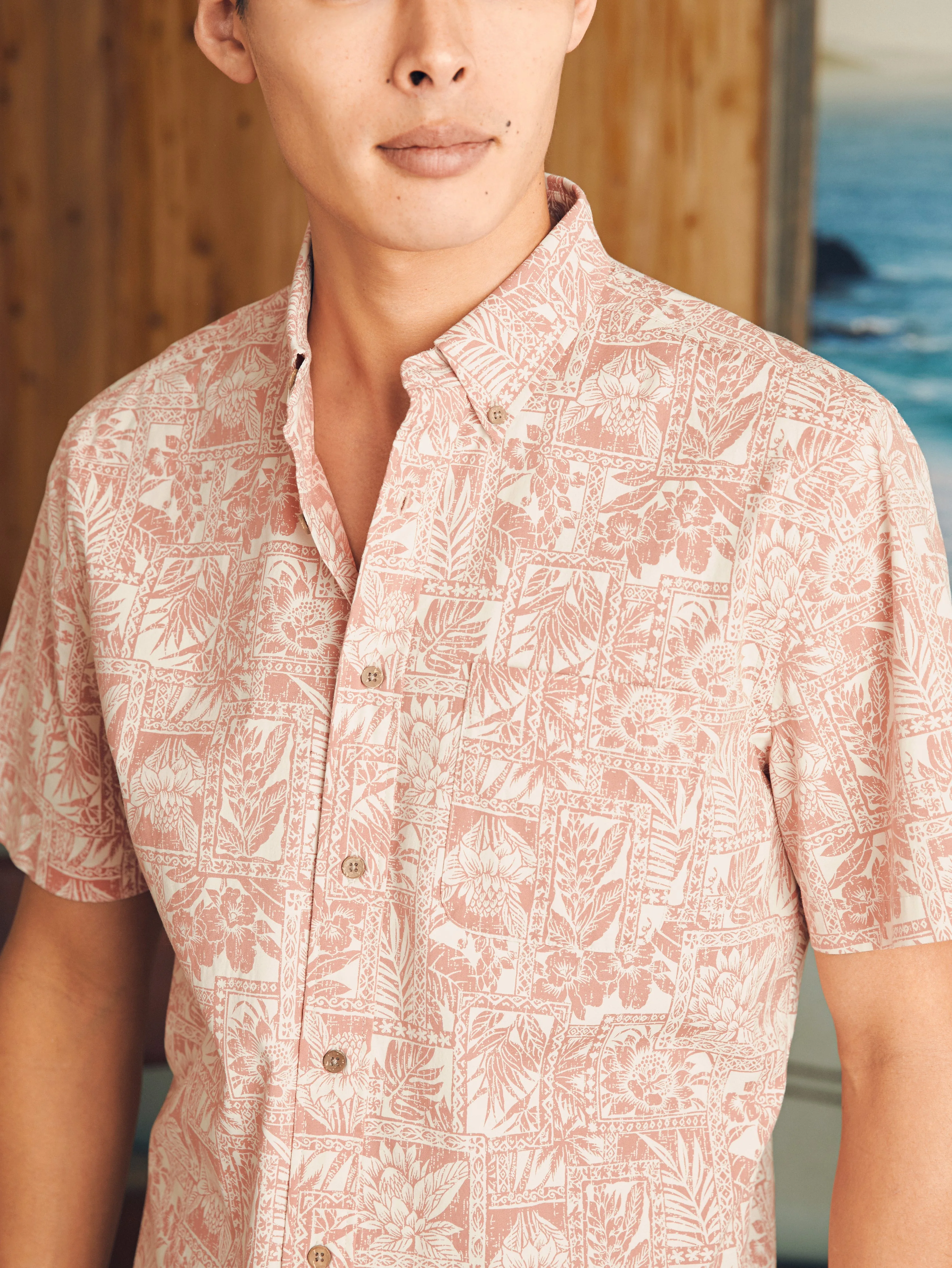 Short-Sleeve Stretch Playa Shirt - Coral Tile Print sold by Faherty product image thumbnail 2