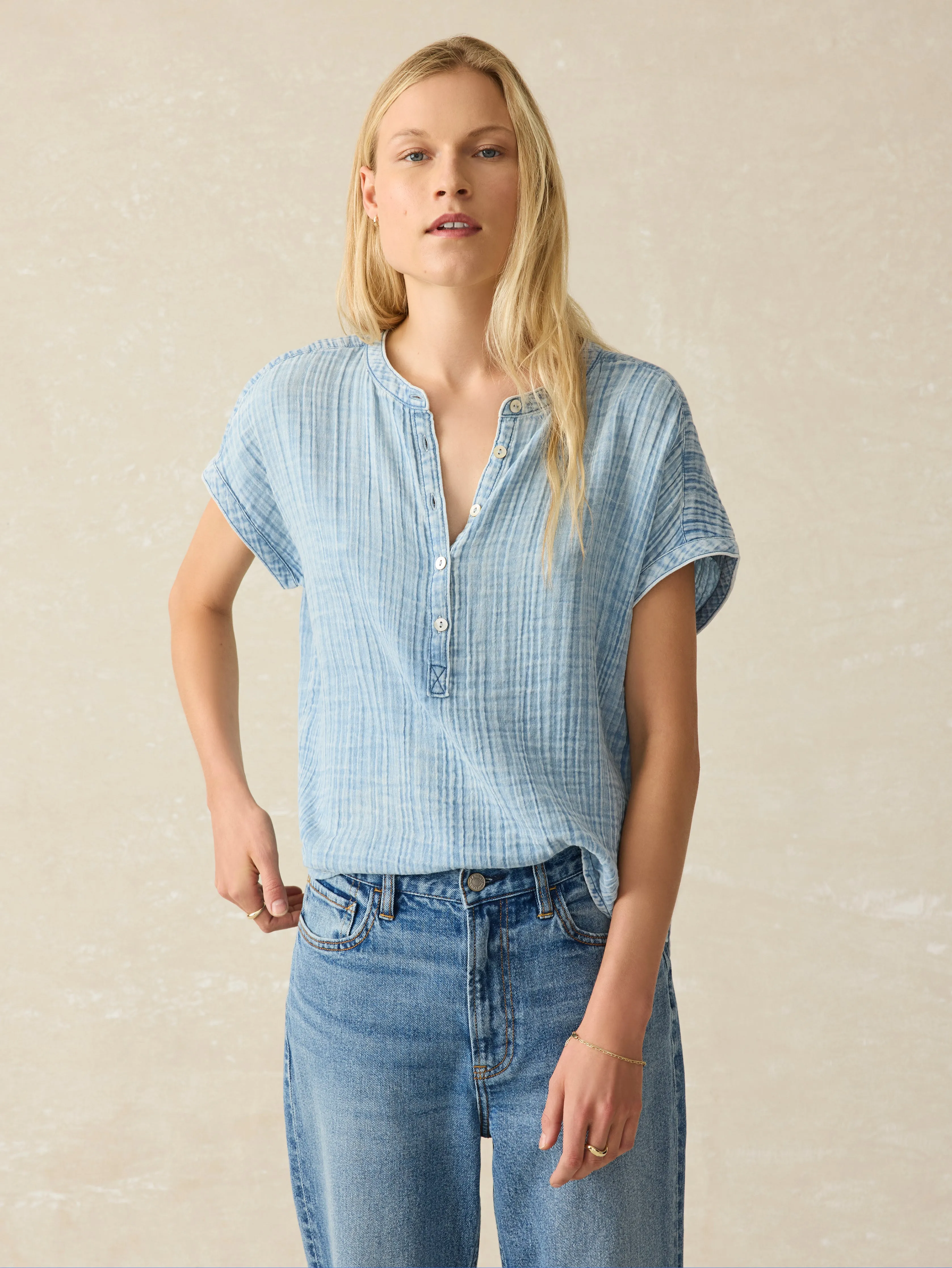 Dream Cotton Gauze Desmond Top - Light Indigo Wash sold by Faherty product image thumbnail 3