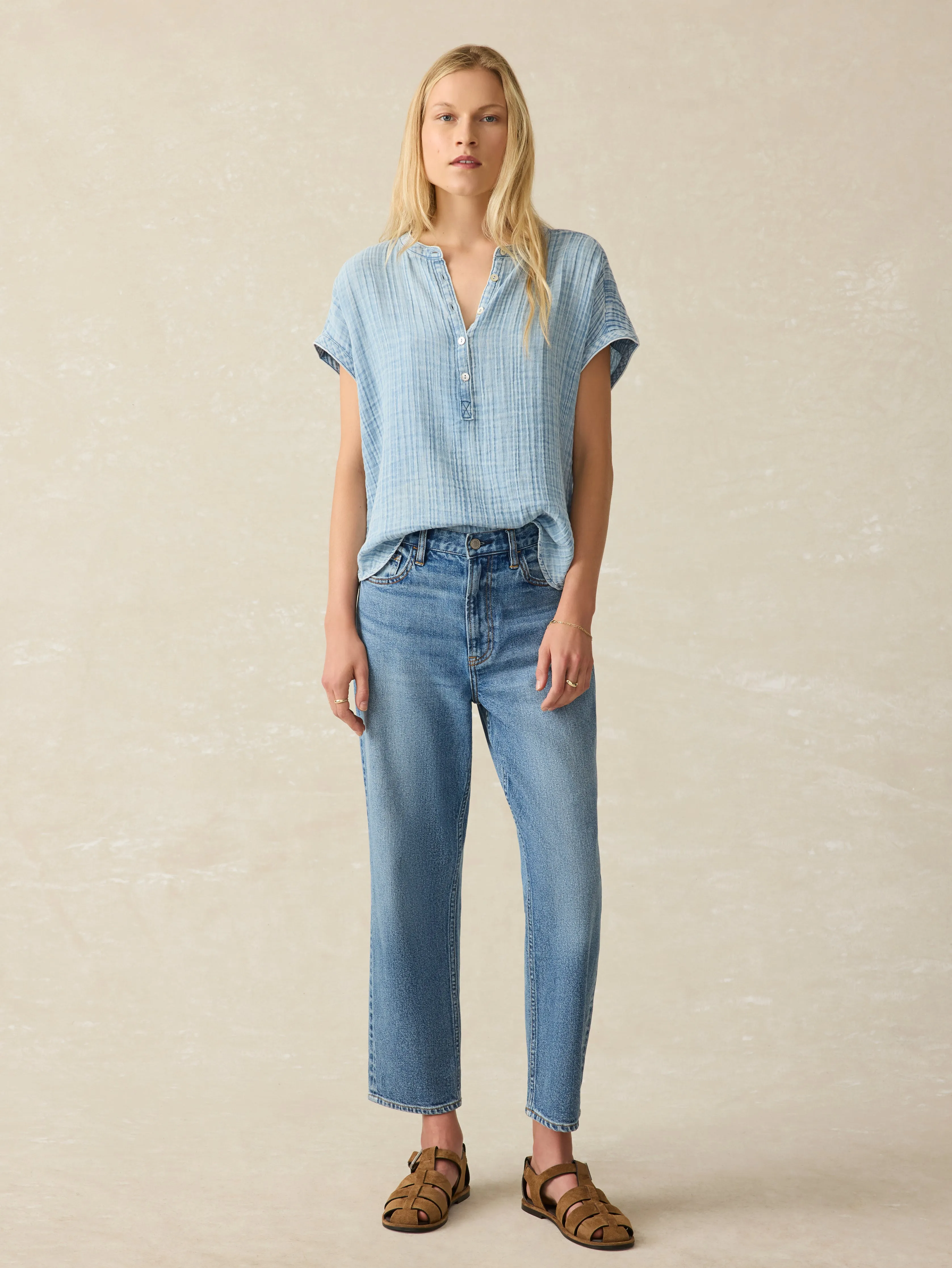 Dream Cotton Gauze Desmond Top - Light Indigo Wash sold by Faherty product image thumbnail 4