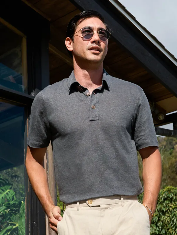 Short-Sleeve Linen Polo - Black Iron sold by Faherty