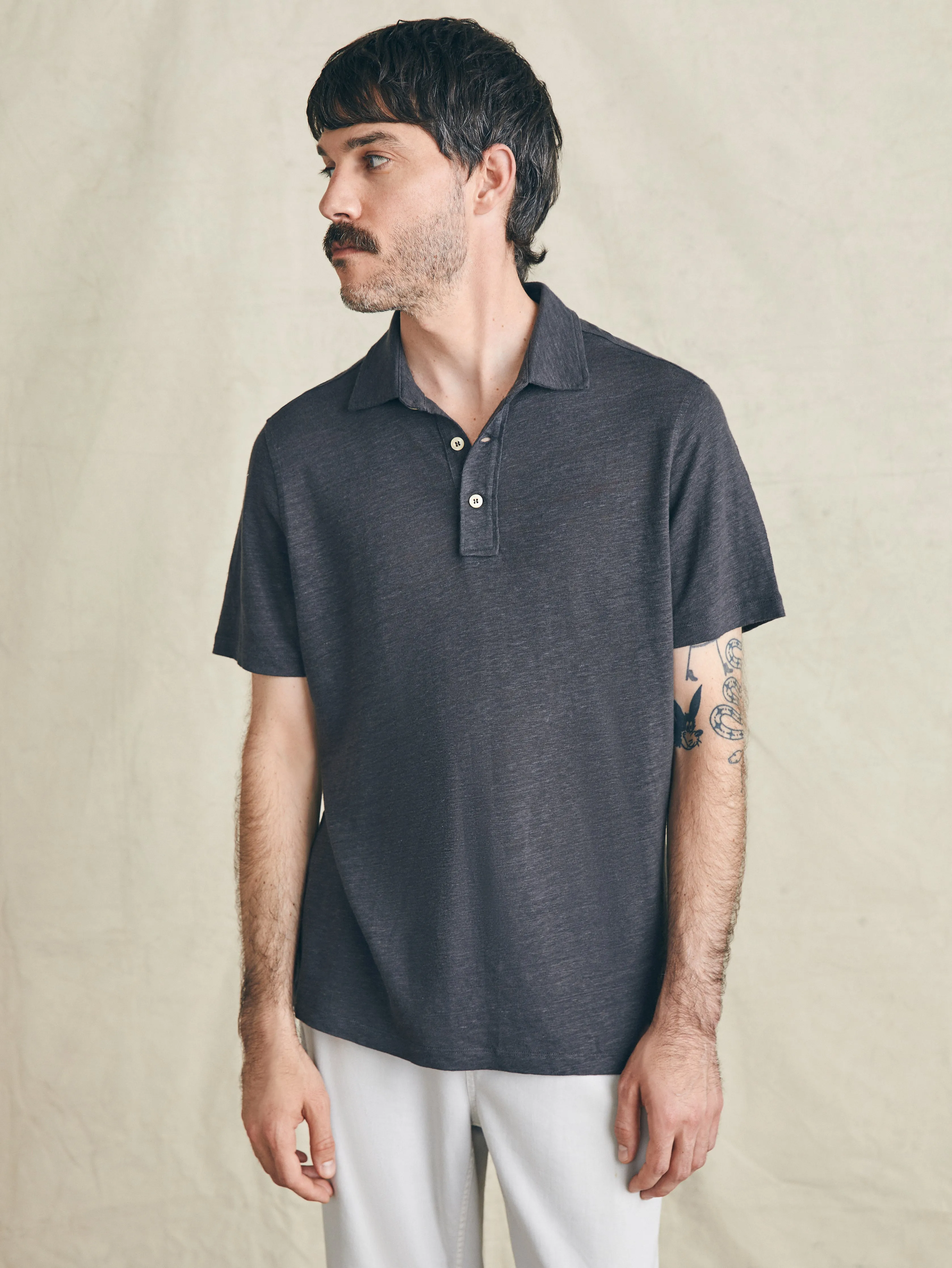 Short-Sleeve Linen Polo - Black Iron sold by Faherty product image thumbnail 3