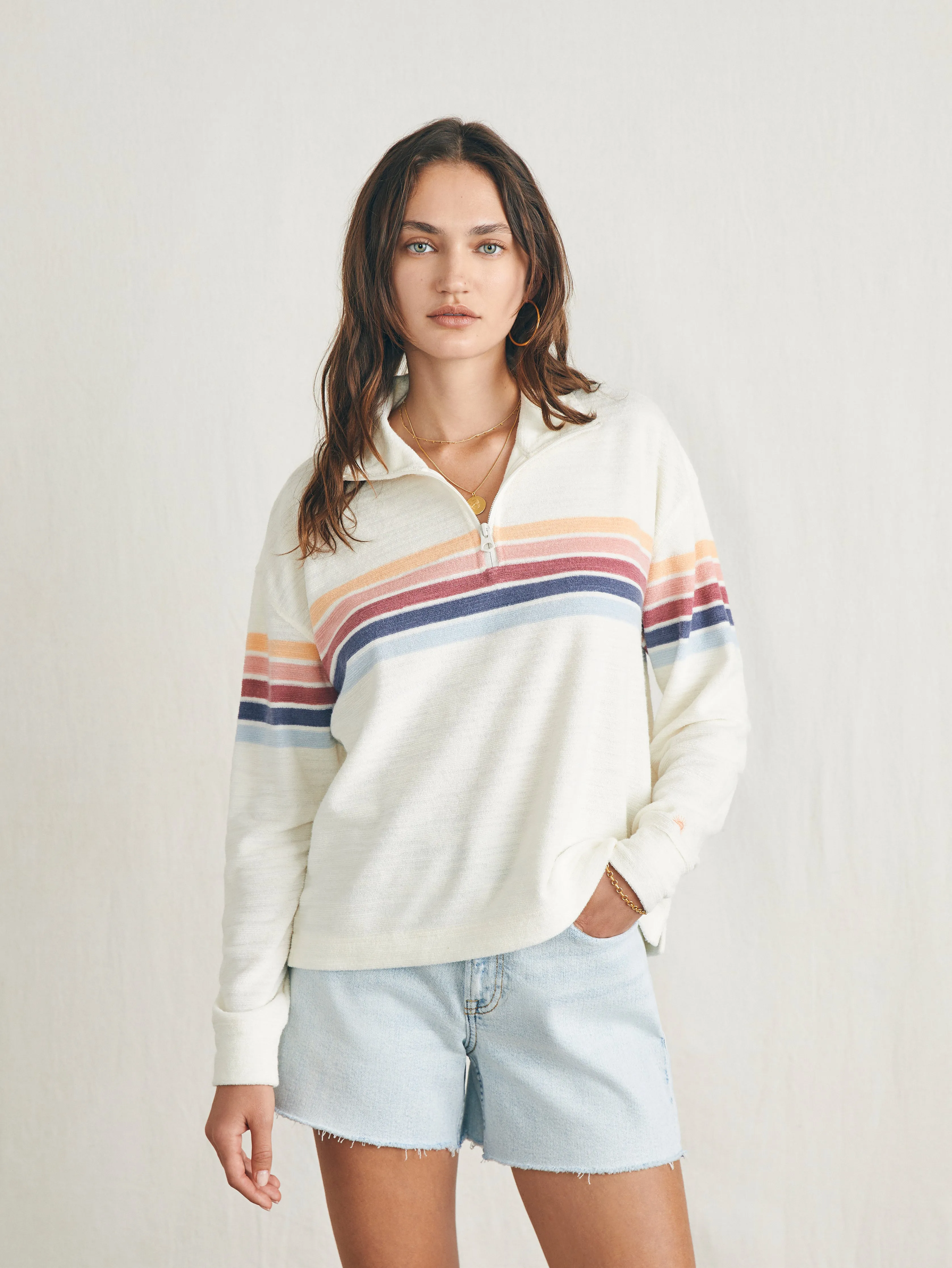 Cabana Towel Terry Quarter Zip - Seacoast Skyline Stripe sold by Faherty